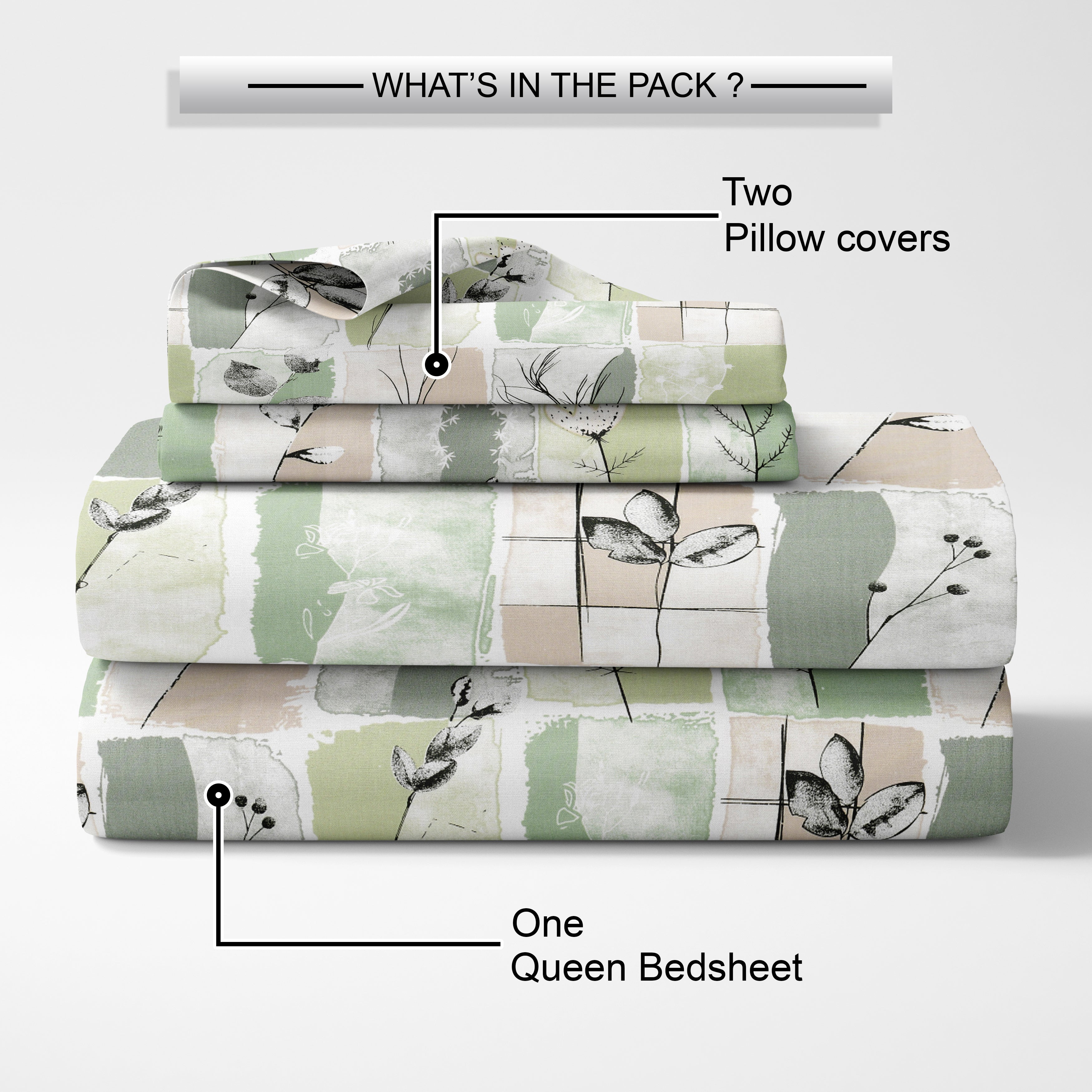 Lily Queen Fitted Sheet with 2 Pillow Covers 100% Cotton 180 TC Twill Weave Modern Floral Green