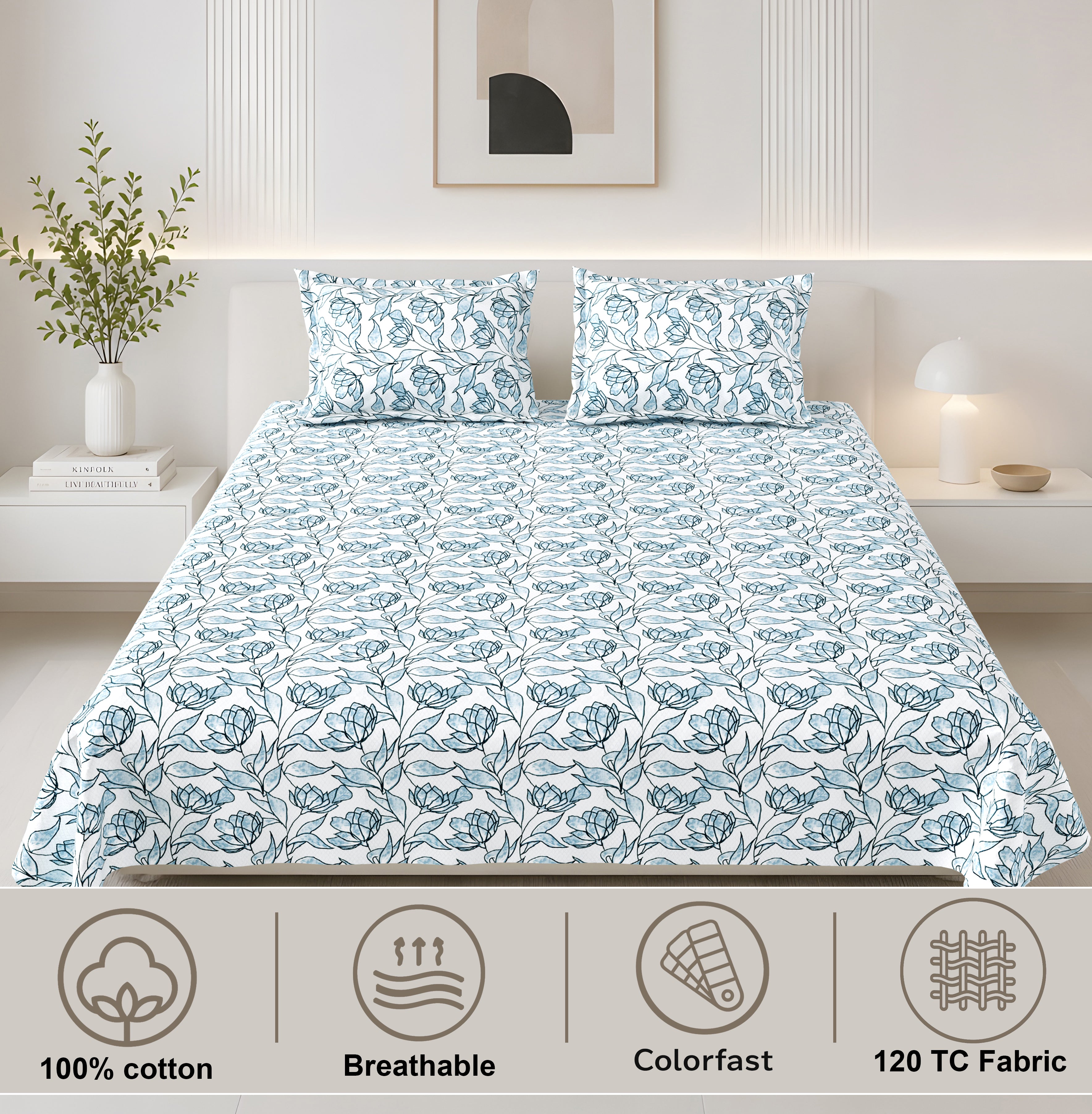 Lily King Bedsheet with 2 Pillow Covers 100% Cotton 180 TC Twill Weave Orient Bell Blue