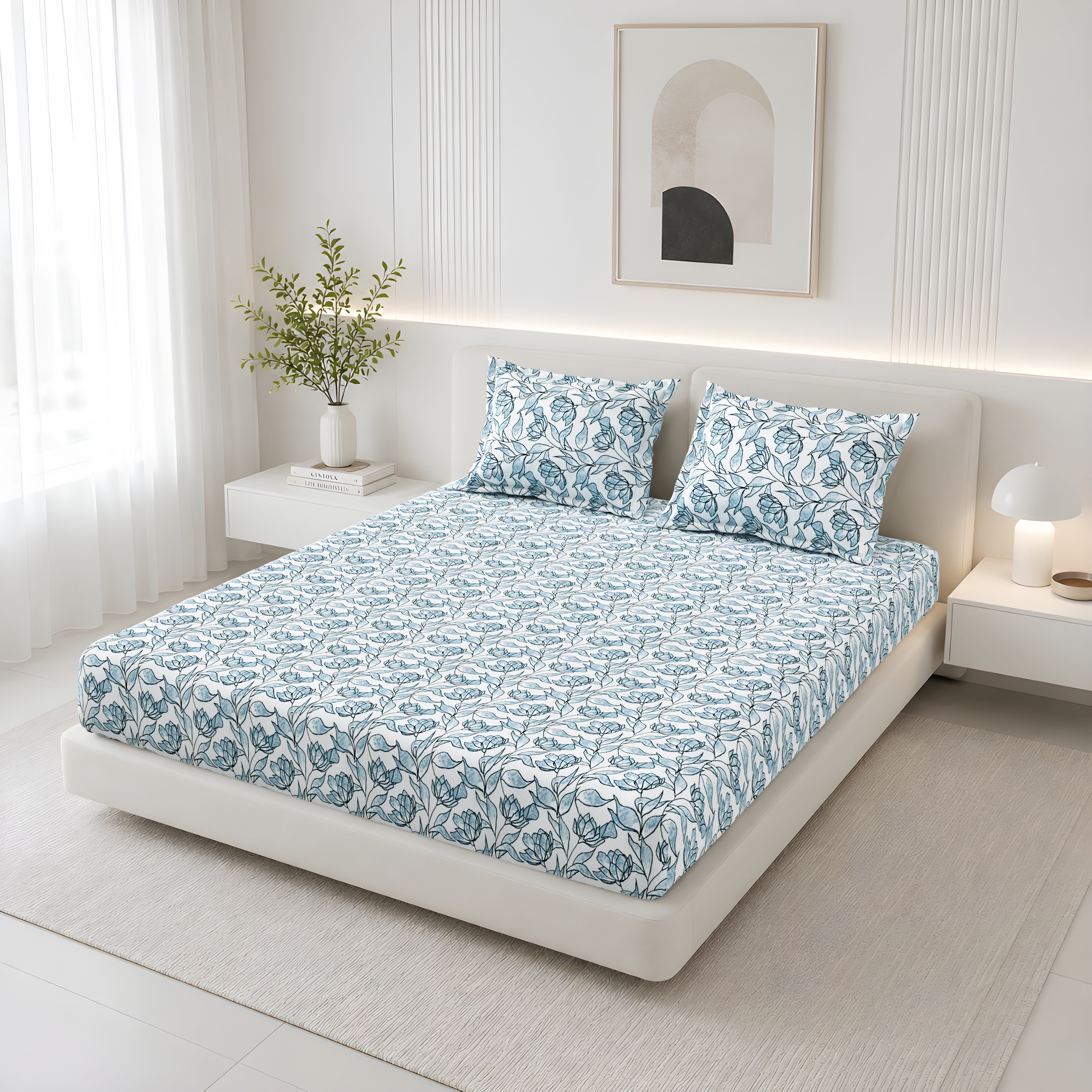Lily King Fitted Sheet with 2 Pillow Covers 100% Cotton 180 TC Twill Weave Orient Bell Blue