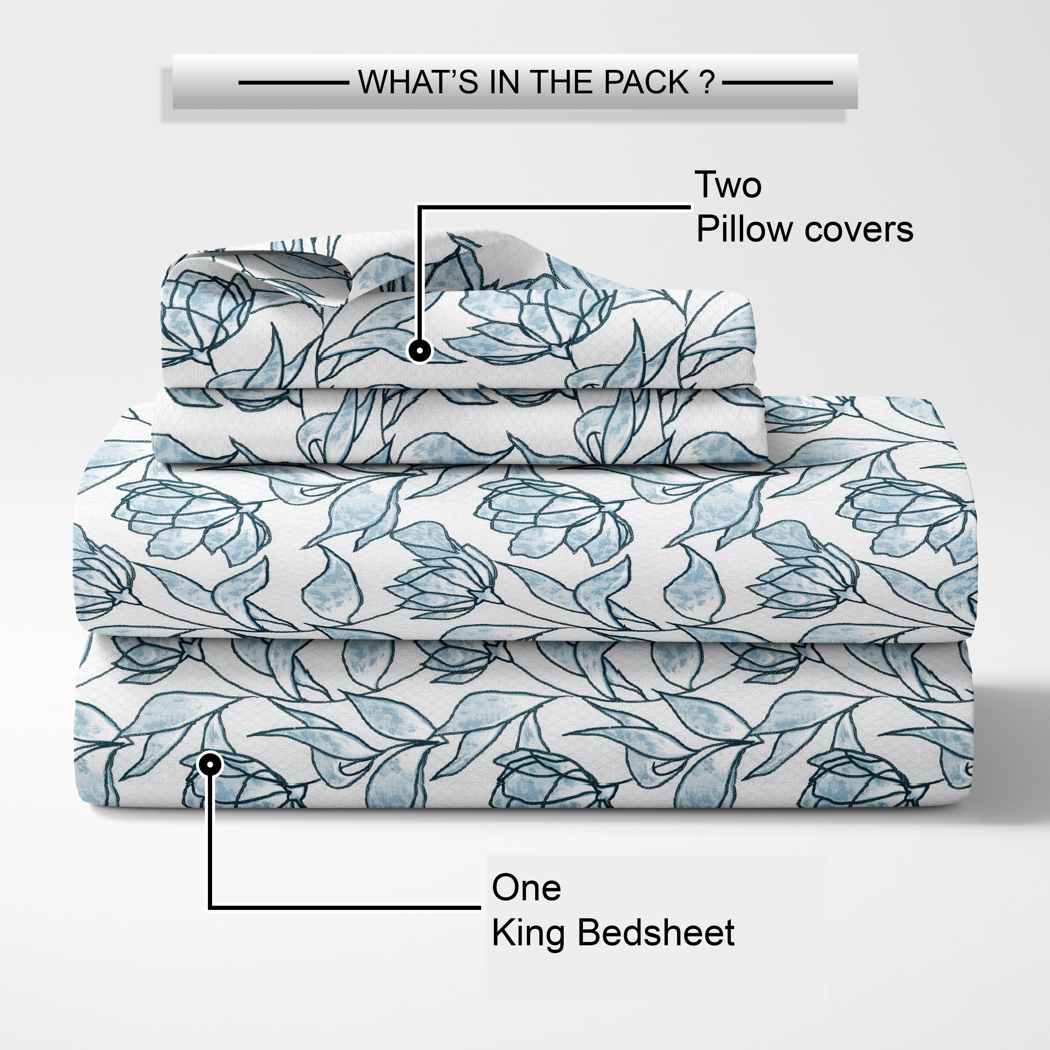 Lily King Fitted Sheet with 2 Pillow Covers 100% Cotton 180 TC Twill Weave Orient Bell Blue