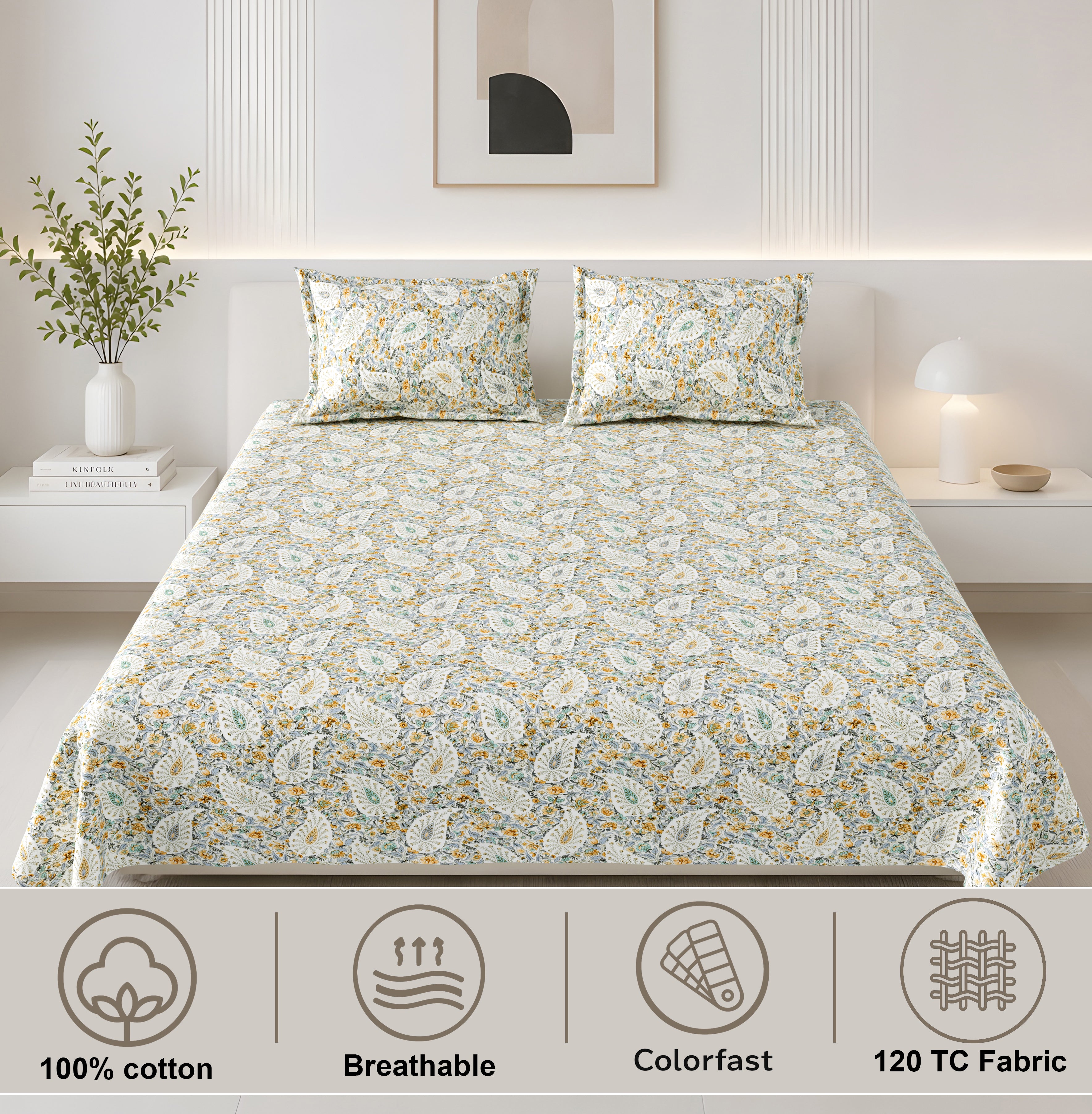 Lily King Bedsheet with 2 Pillow Covers 100% Cotton 180 TC Twill Weave Indian Paisley Blue