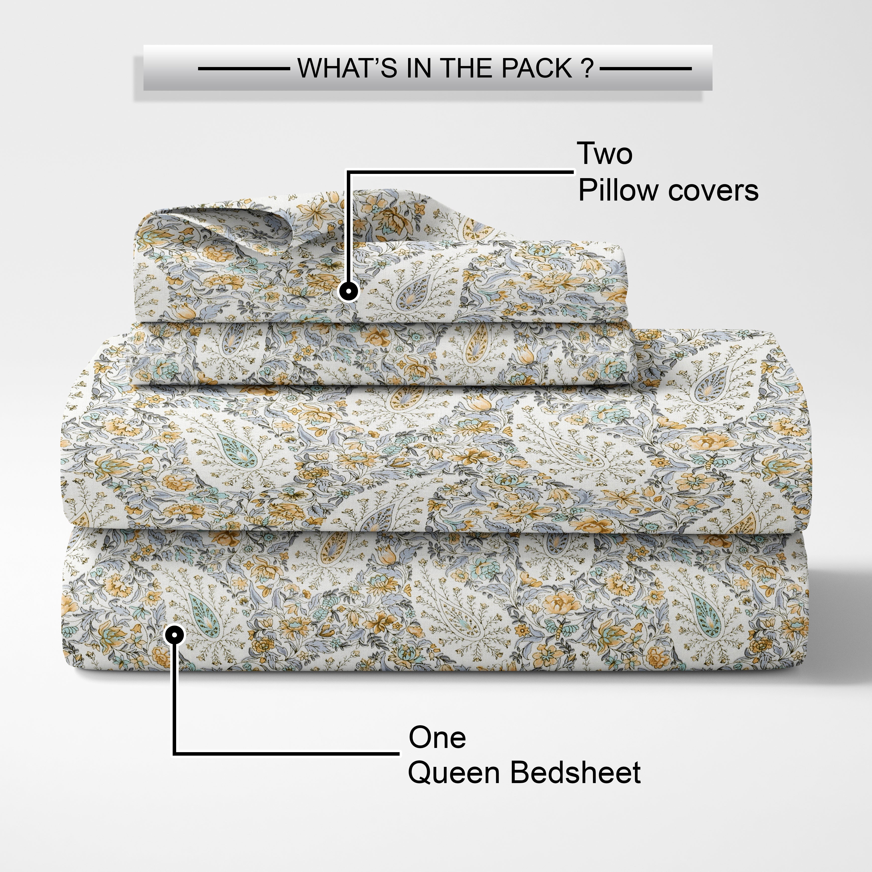 Lily Queen Fitted Sheet with 2 Pillow Covers 100% Cotton 180 TC Twill Weave Indian Paisley Blue