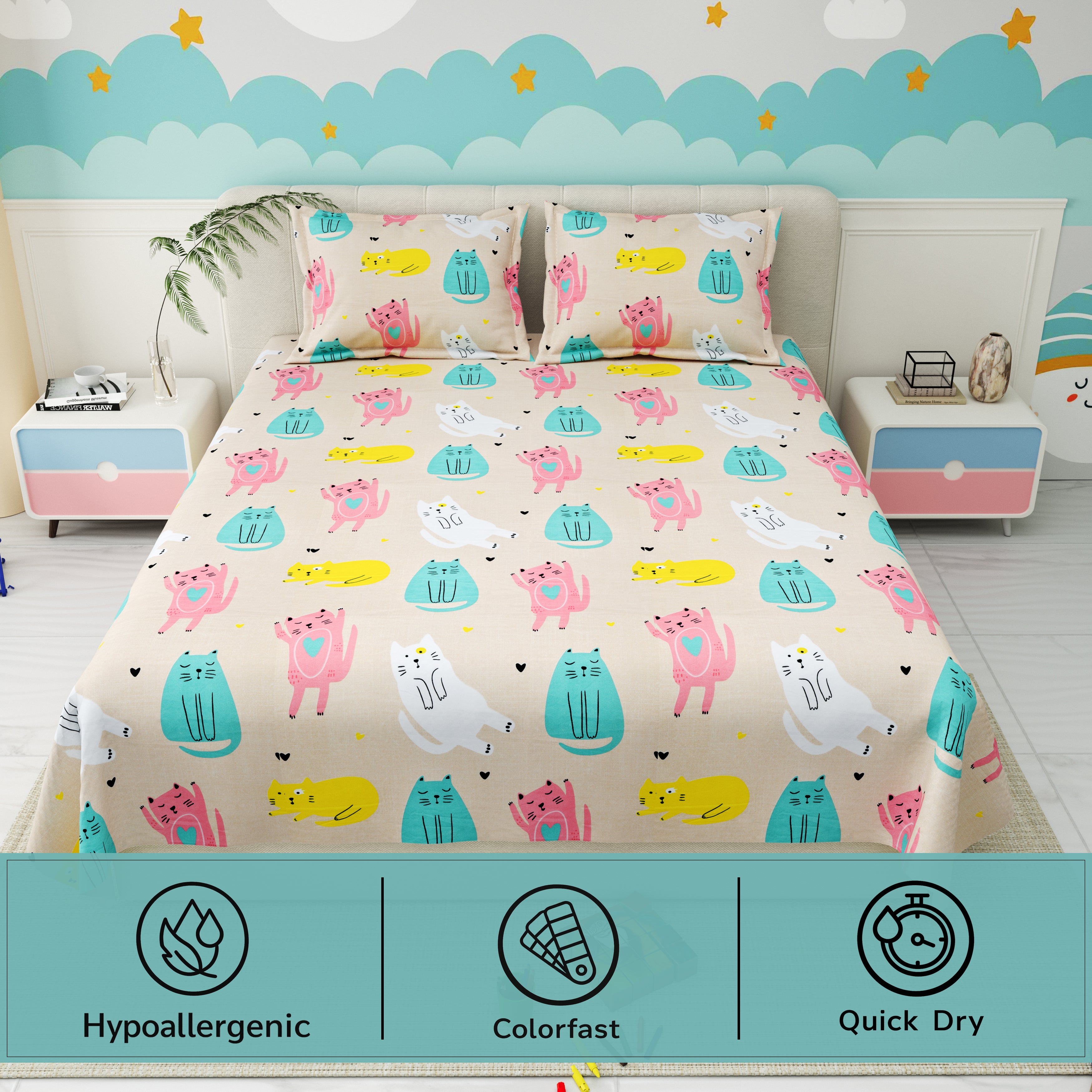 Little Joy Queen Bedsheet with 2 Pillow Covers 130 GSM Micropeach Fun Kitty Beige