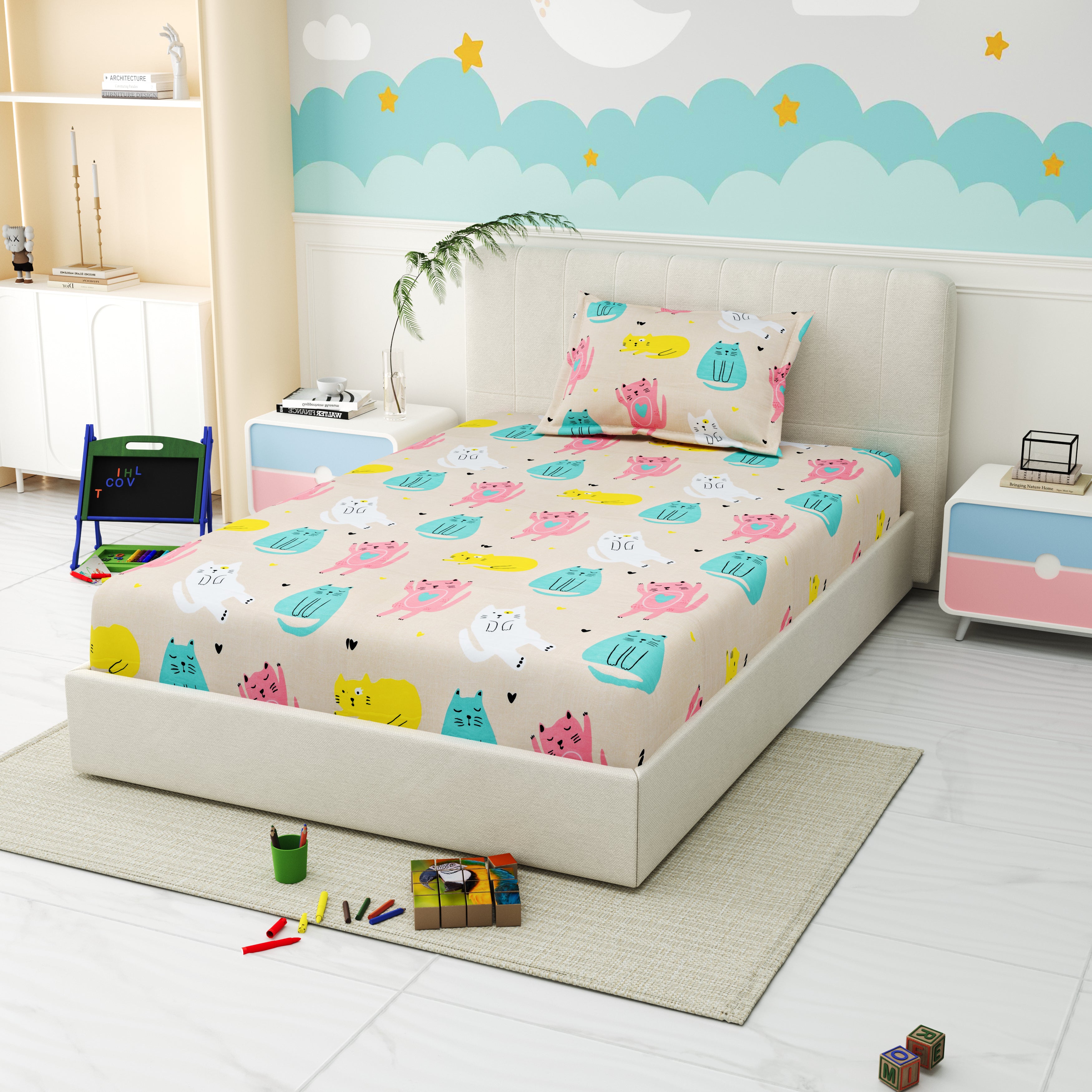 Little Joy Single Bedsheet with 1 Pillow Cover 130 GSM Micropeach Fun Kitty Beige