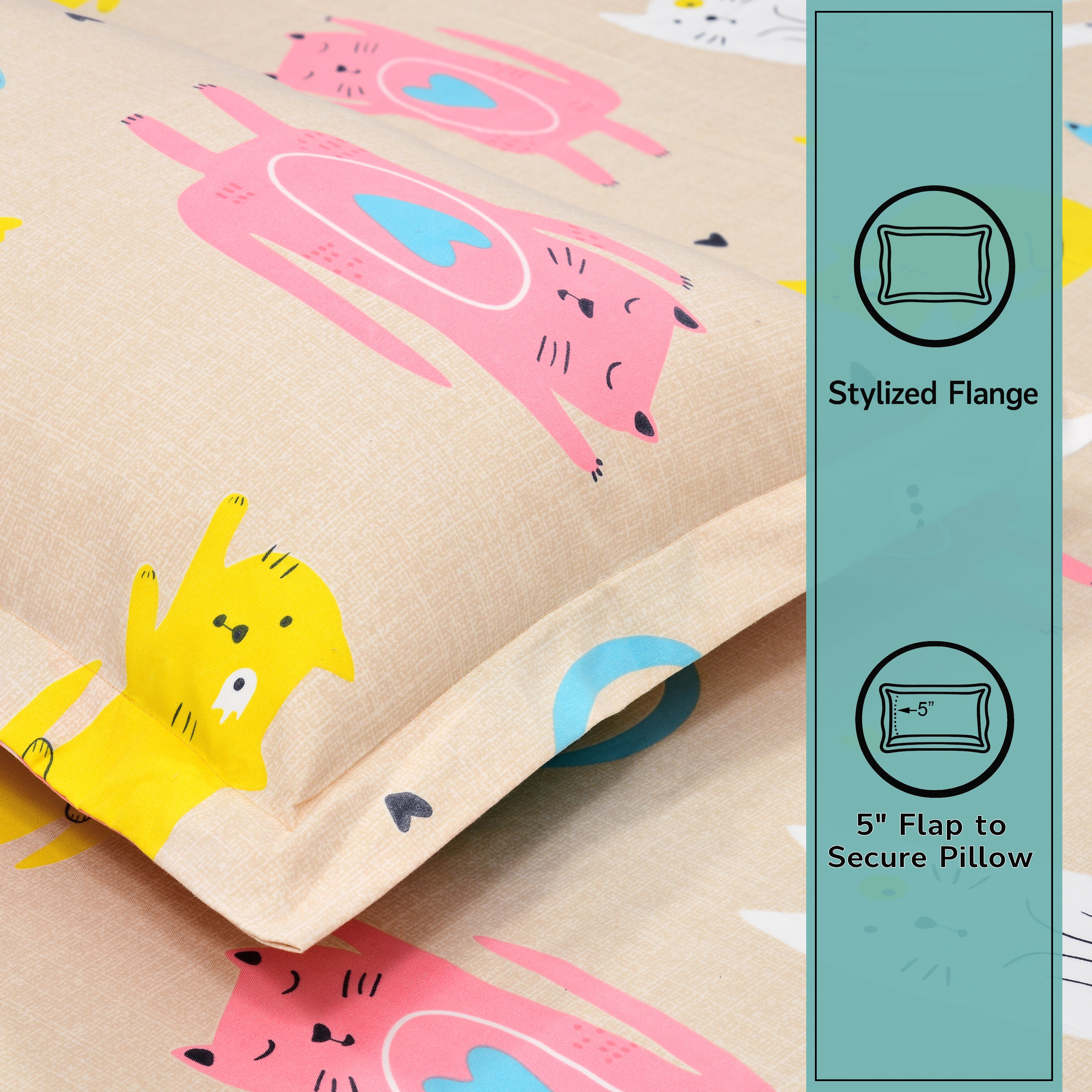 Little Joy Single Bedsheet with 1 Pillow Cover 130 GSM Micropeach Fun Kitty Beige