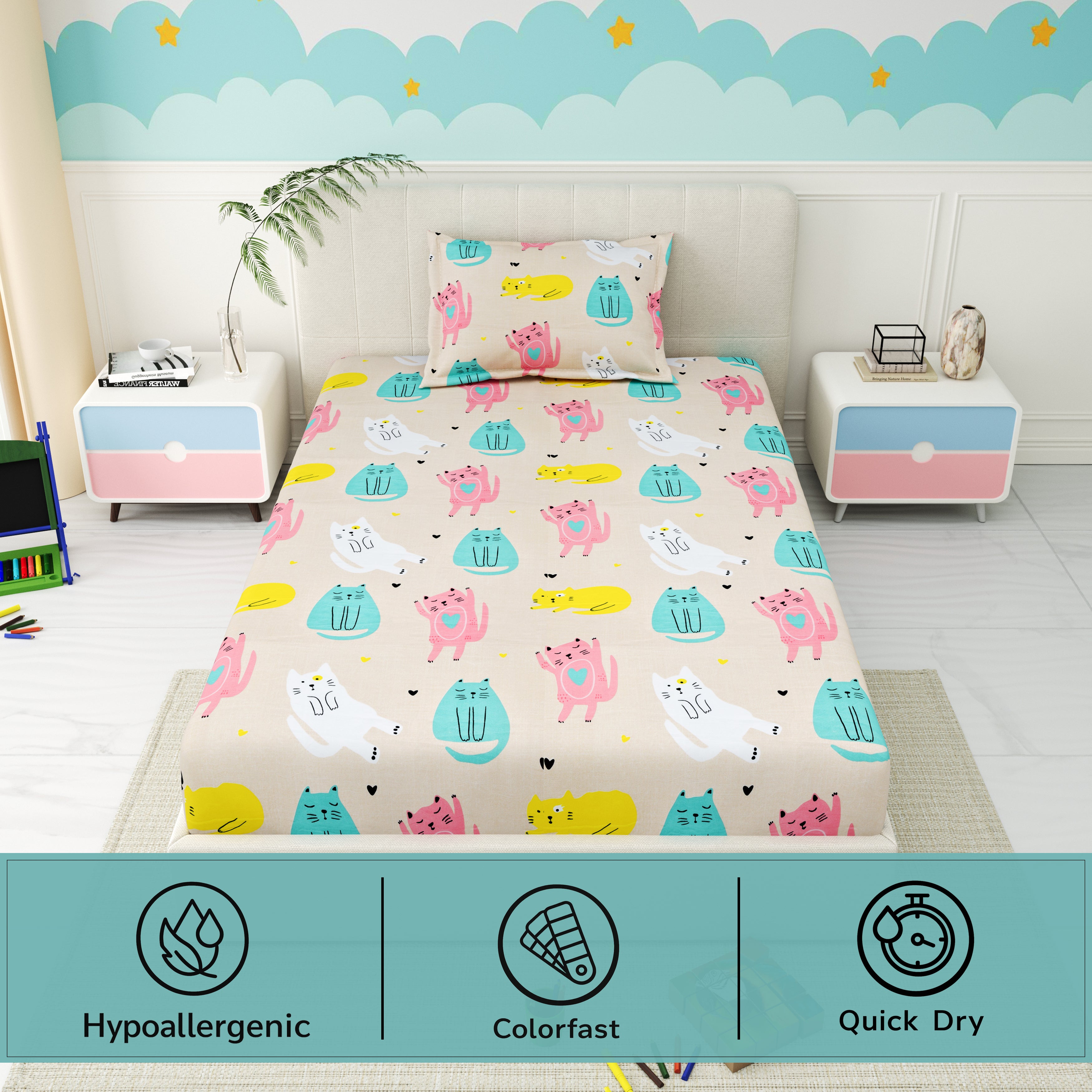 Little Joy Single Bedsheet with 1 Pillow Cover 130 GSM Micropeach Fun Kitty Beige