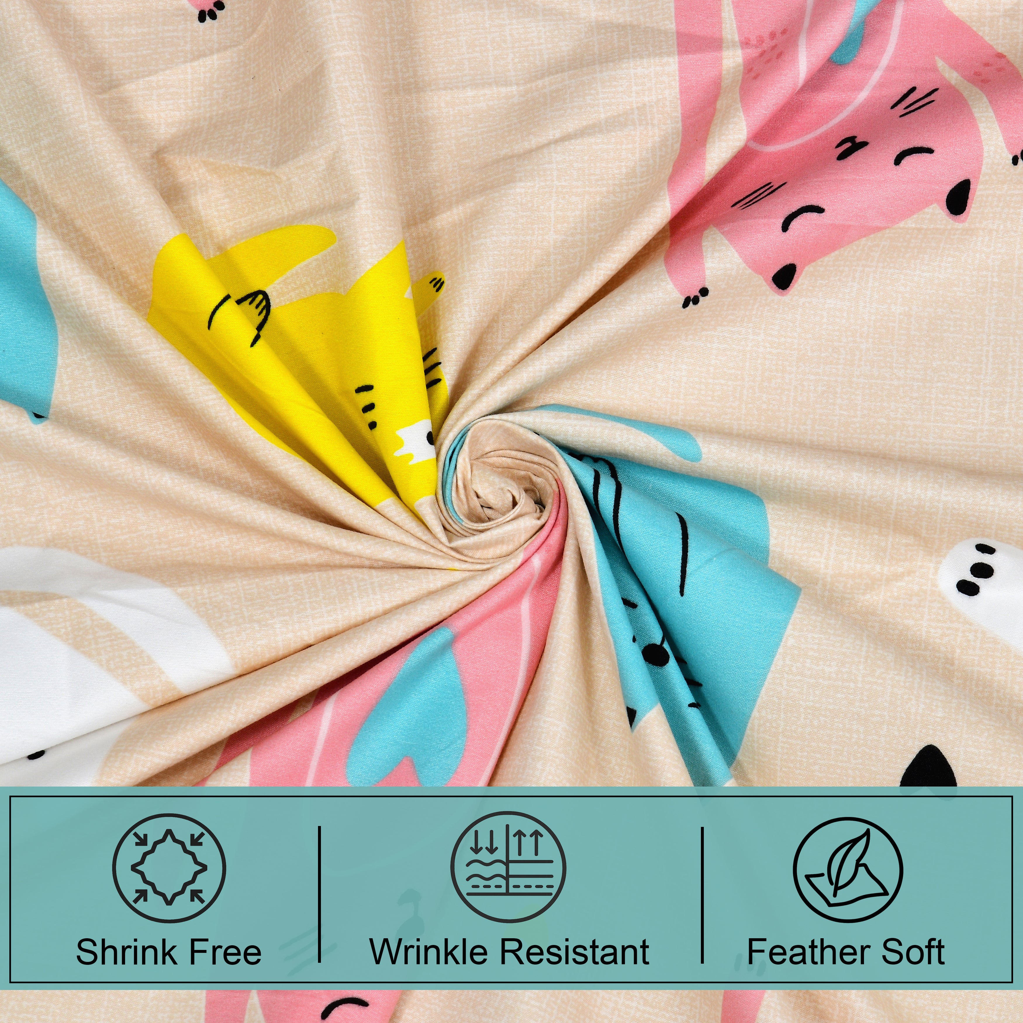 Little Joy Single Bedsheet with 1 Pillow Cover 130 GSM Micropeach Fun Kitty Beige