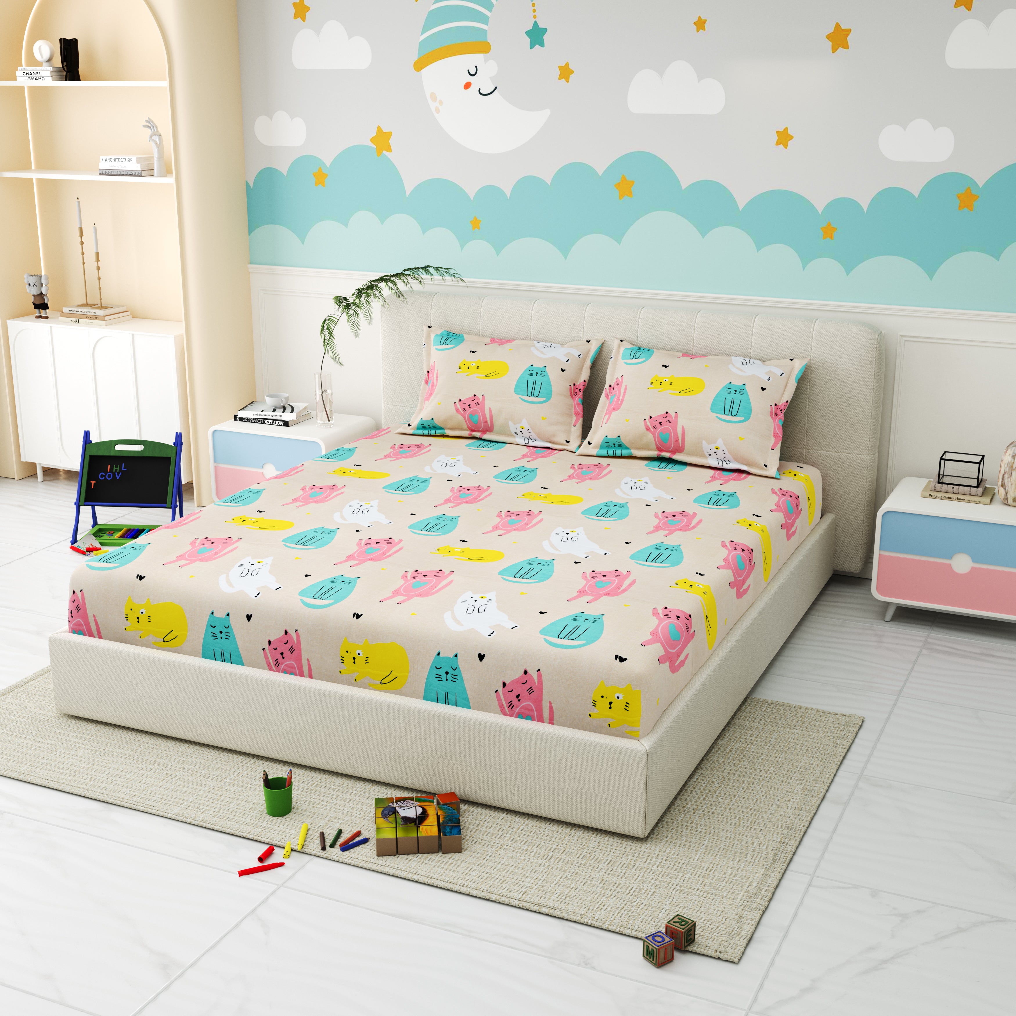 Little Joy Queen Fitted Sheet with 2 Pillow Covers 130 GSM Micropeach Fun Kitty Beige