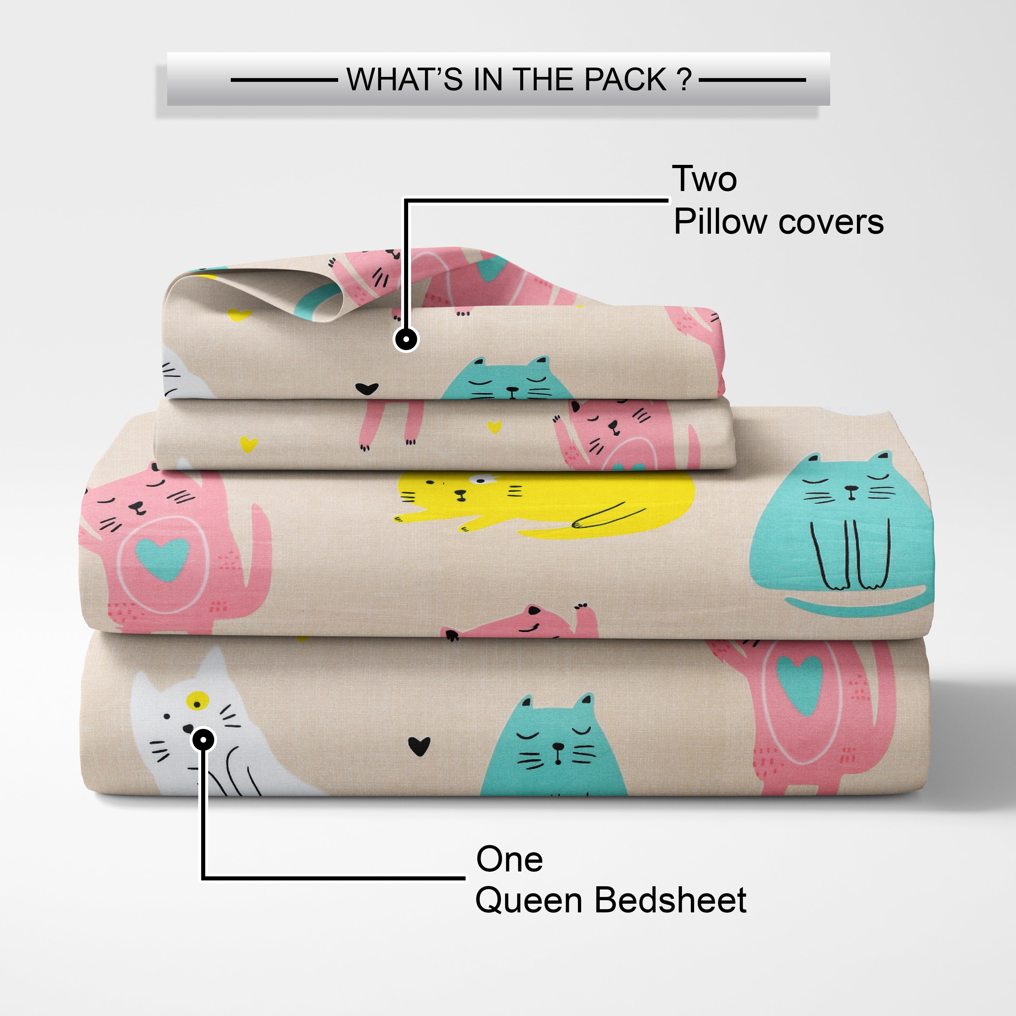 Little Joy Queen Fitted Sheet with 2 Pillow Covers 130 GSM Micropeach Fun Kitty Beige