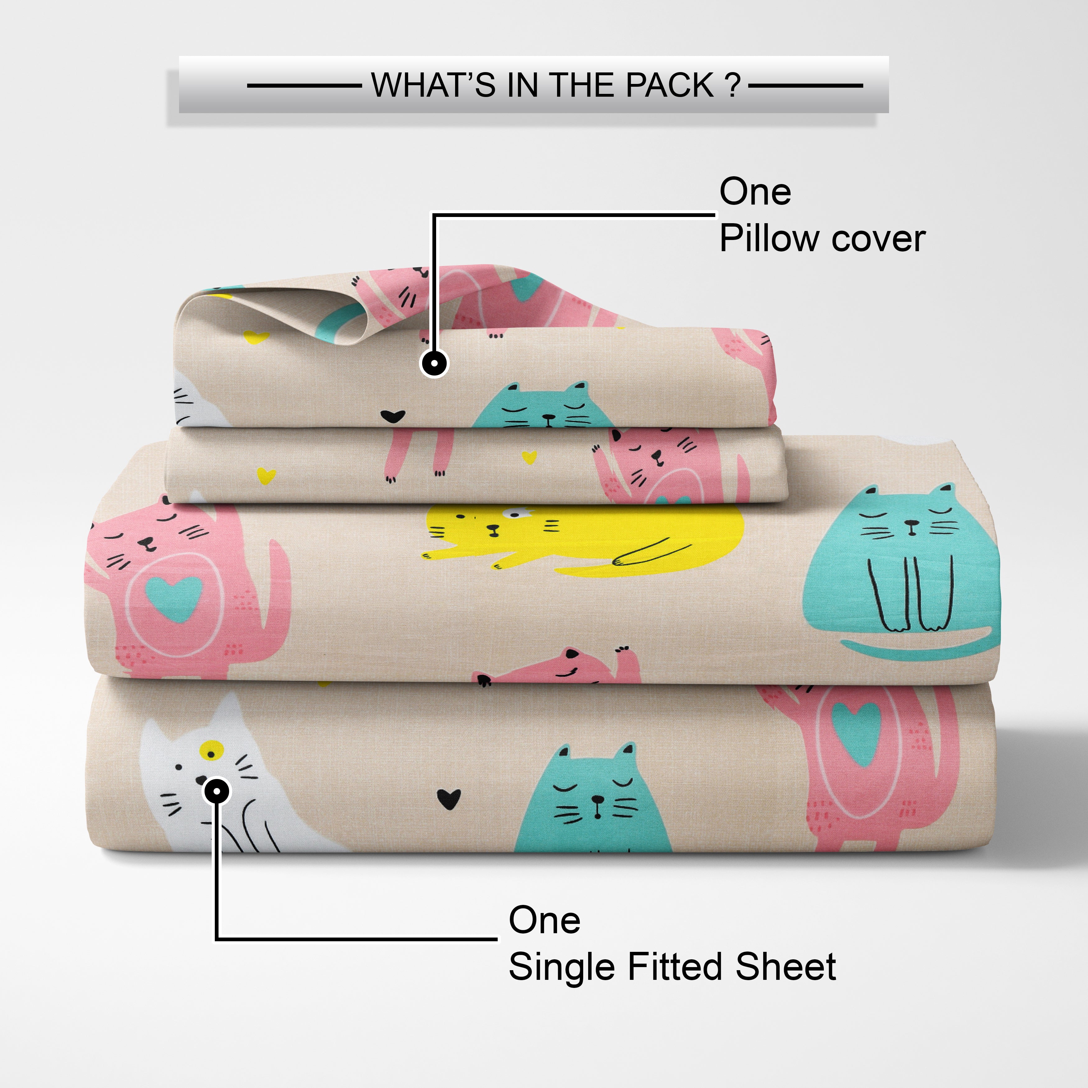 Little Joy Singe Fitted Sheet with 1 Pillow Cover 130 GSM Micropeach Fun Kitty Beige