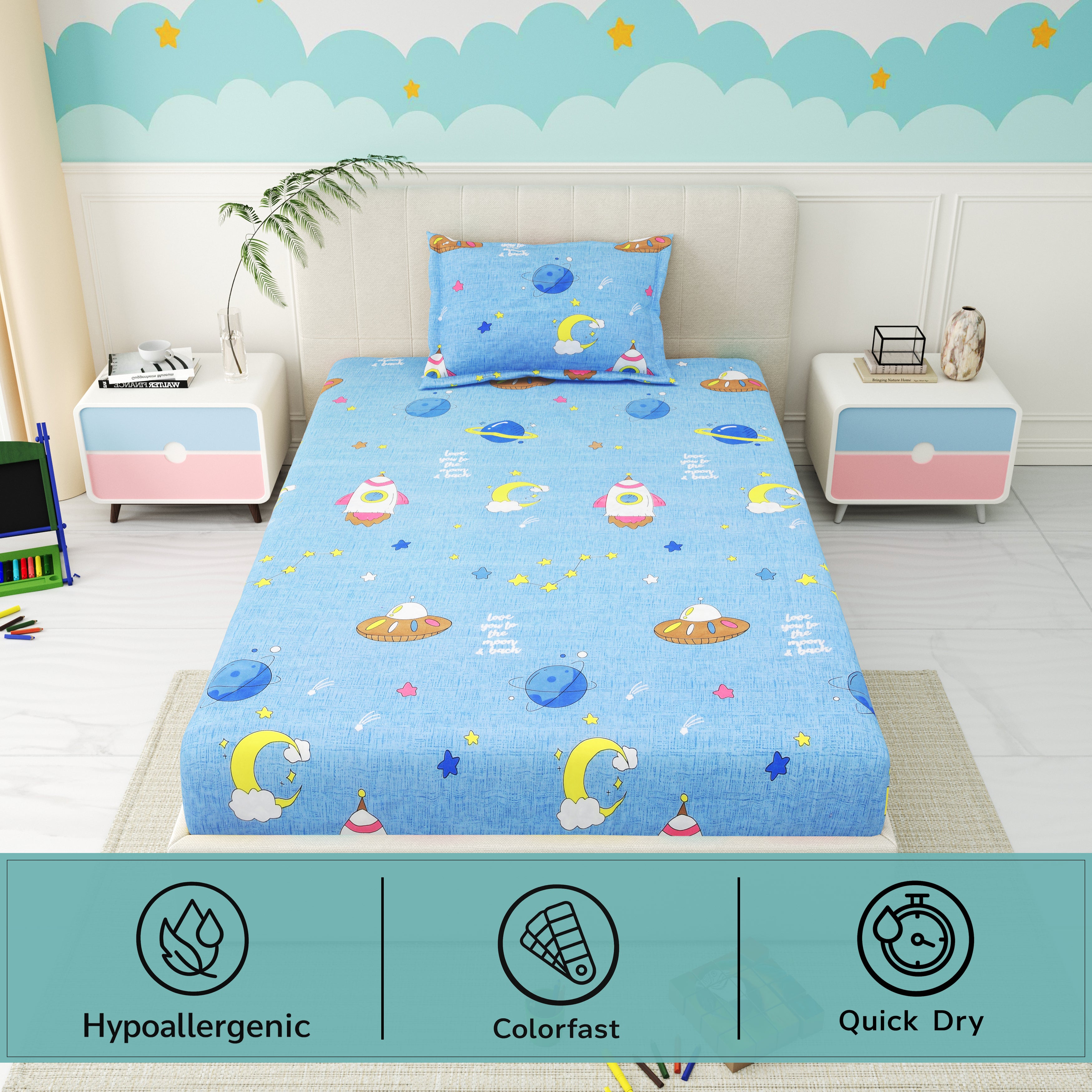Little Joy Single Bedsheet with 1 Pillow Cover 130 GSM Micropeach Happy Space Blue