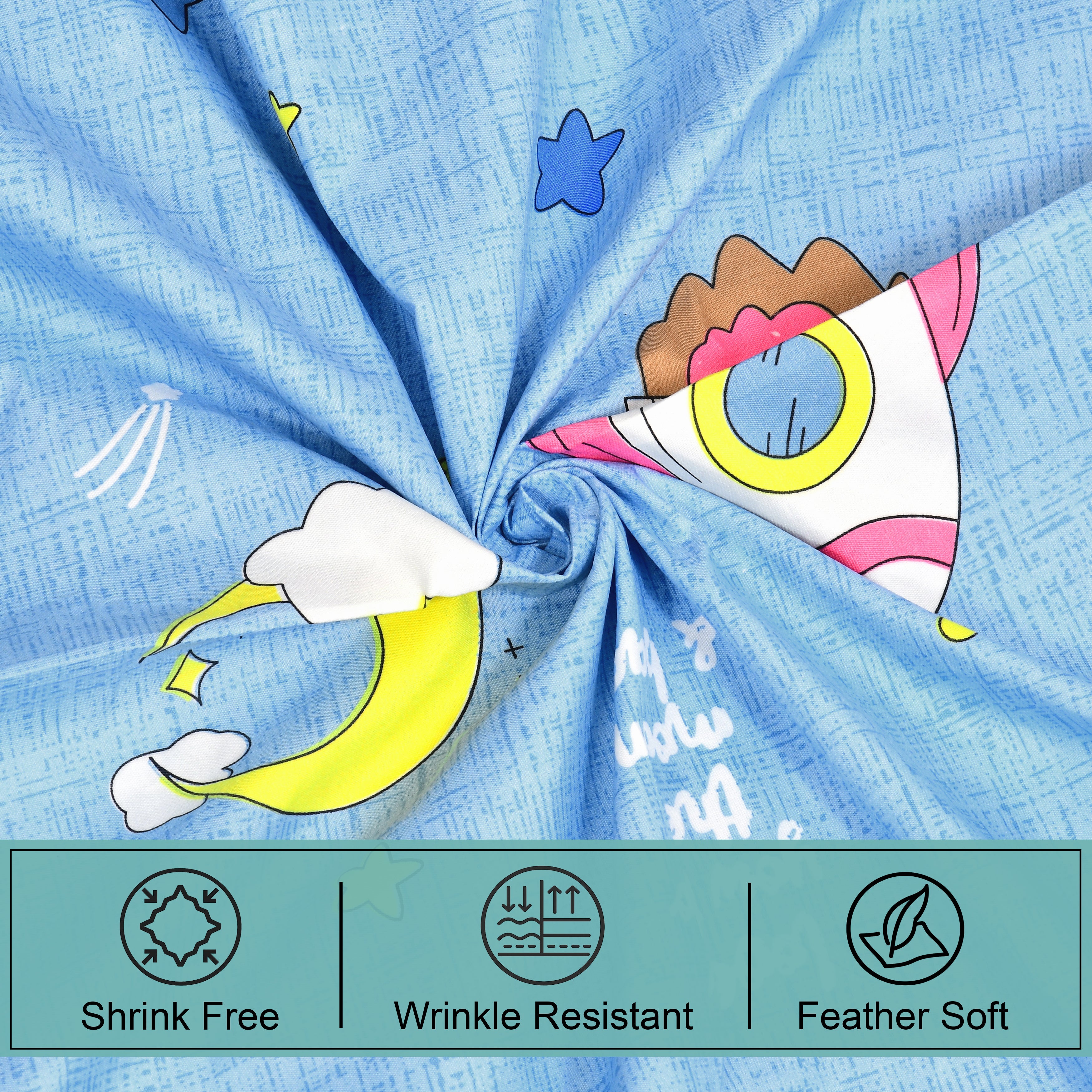 Little Joy Single Bedsheet with 1 Pillow Cover 130 GSM Micropeach Happy Space Blue
