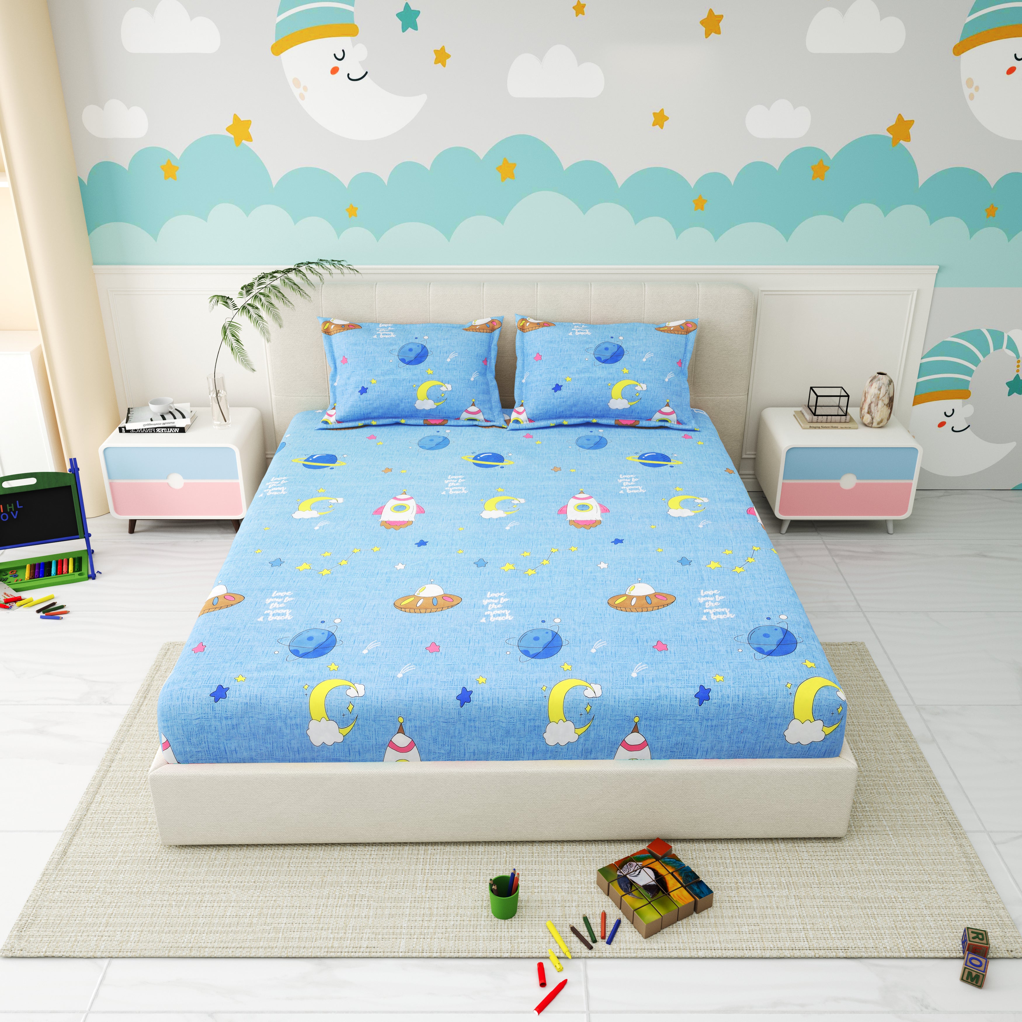 Little Joy Queen Fitted Sheet with 2 Pillow Covers 130 GSM Micropeach Happy Space Blue