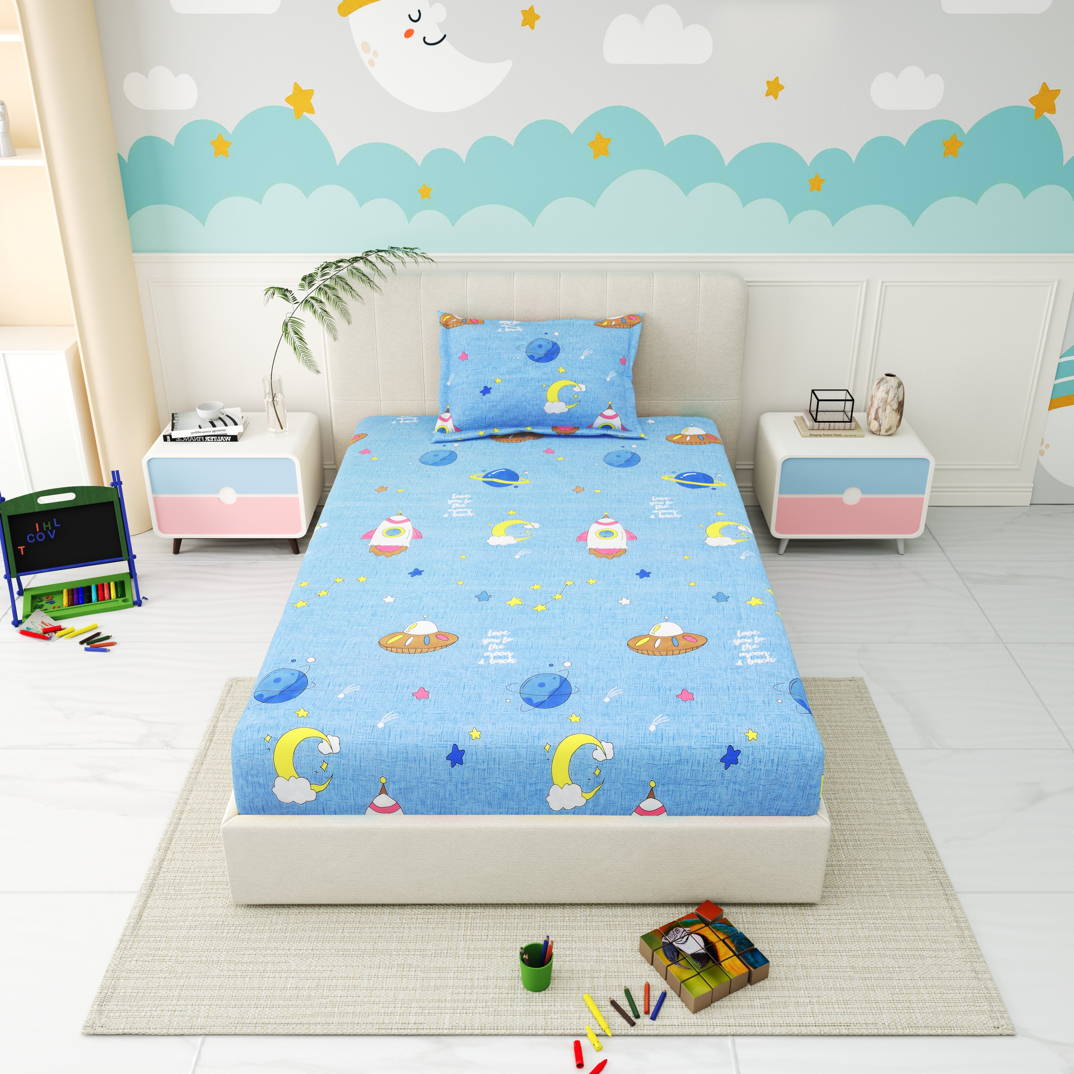 Little Joy Singe Fitted Sheet with 1 Pillow Cover 130 GSM Micropeach Happy Space Blue
