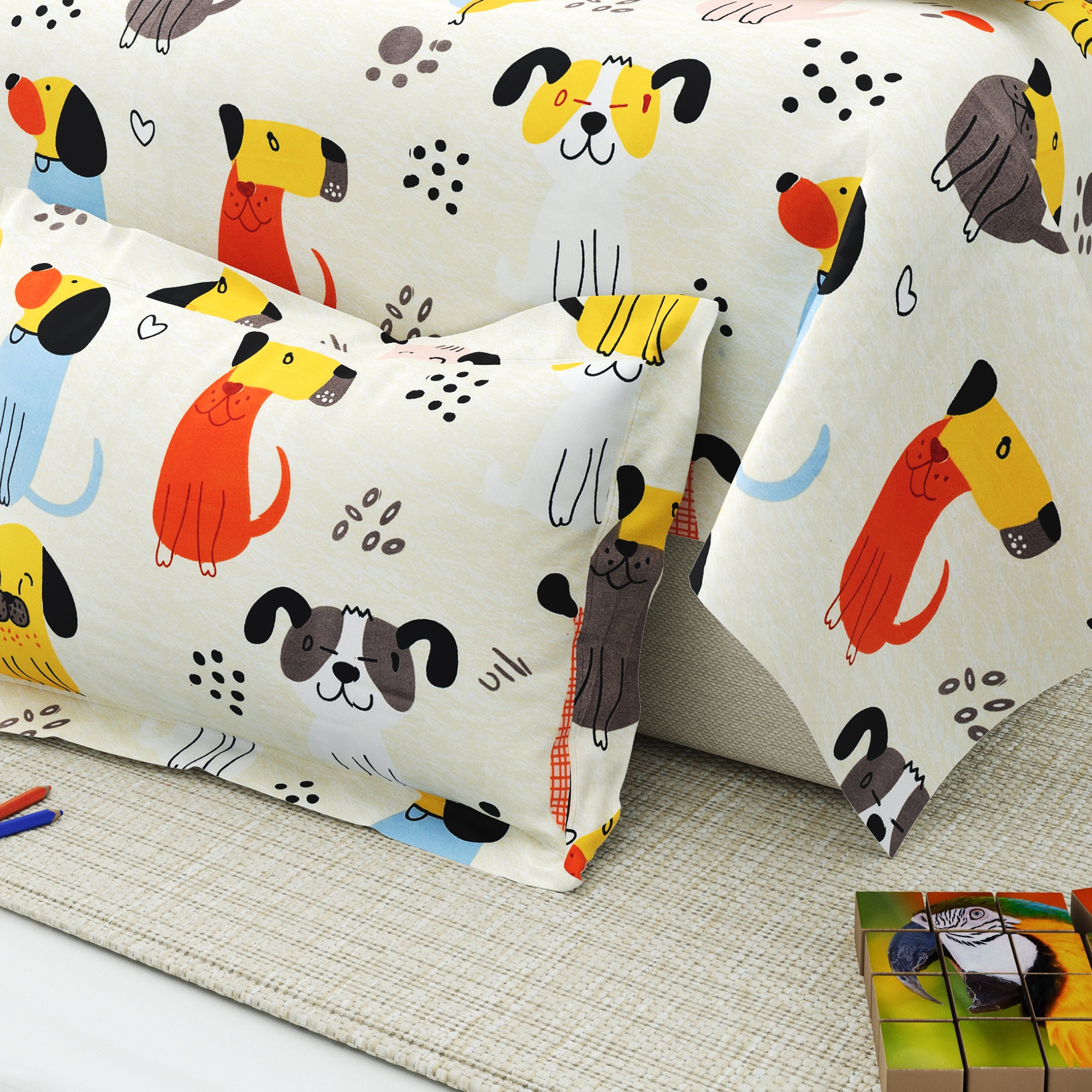 Little Joy Single Bedsheet with 1 Pillow Cover 130 GSM Micropeach Cute Puppies White