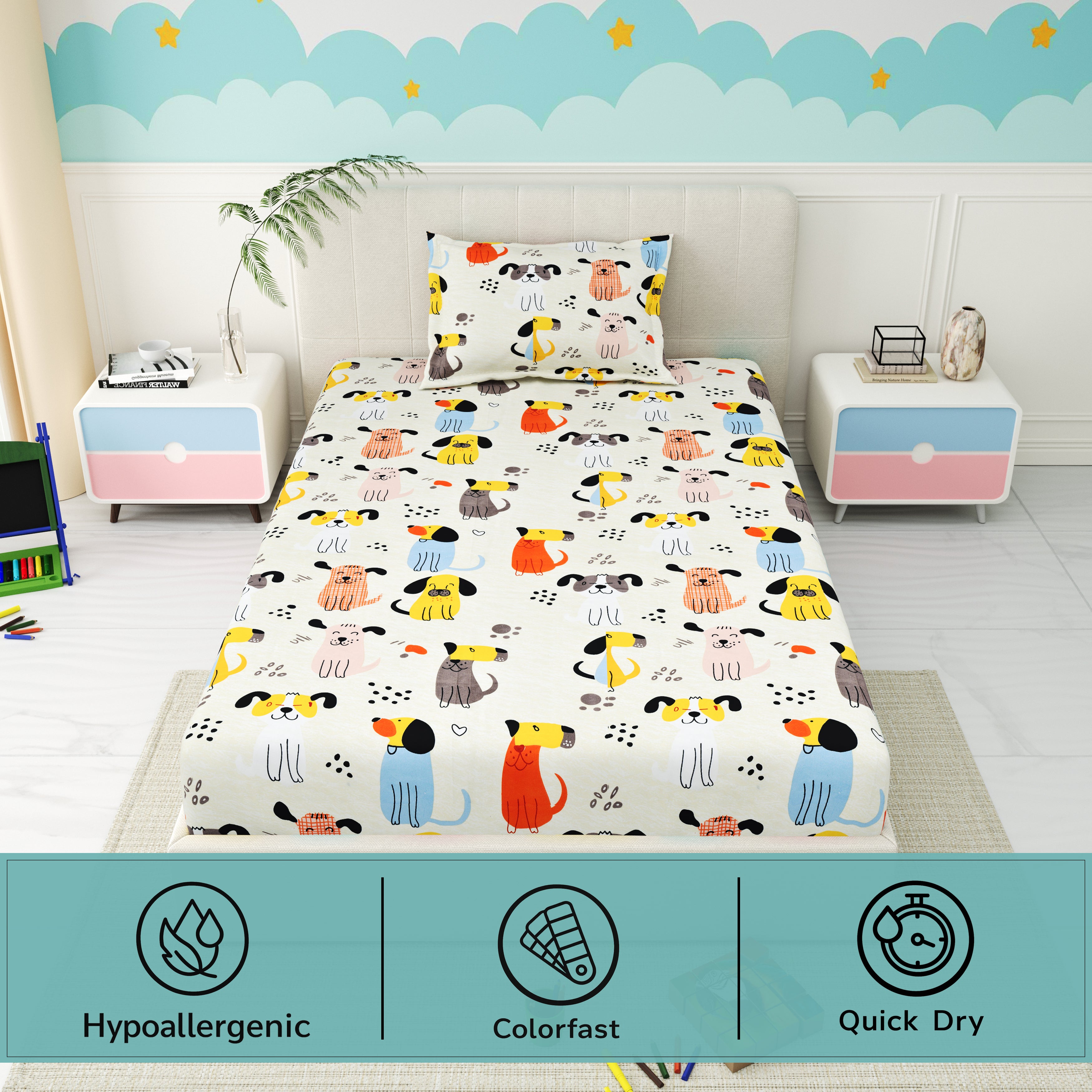Little Joy Single Bedsheet with 1 Pillow Cover 130 GSM Micropeach Cute Puppies White