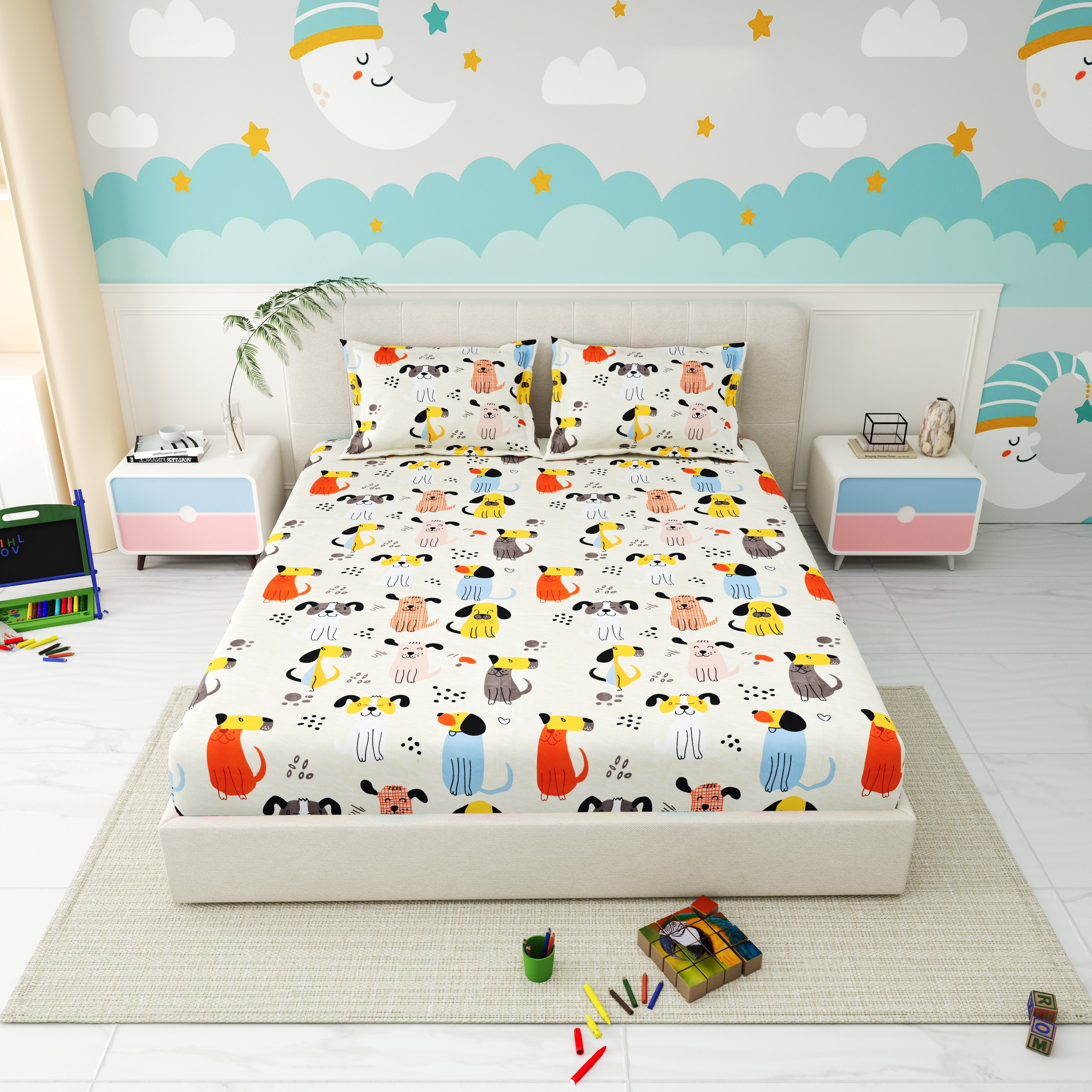 Little Joy Queen Fitted Sheet with 2 Pillow Covers 130 GSM Micropeach Cute Puppies White