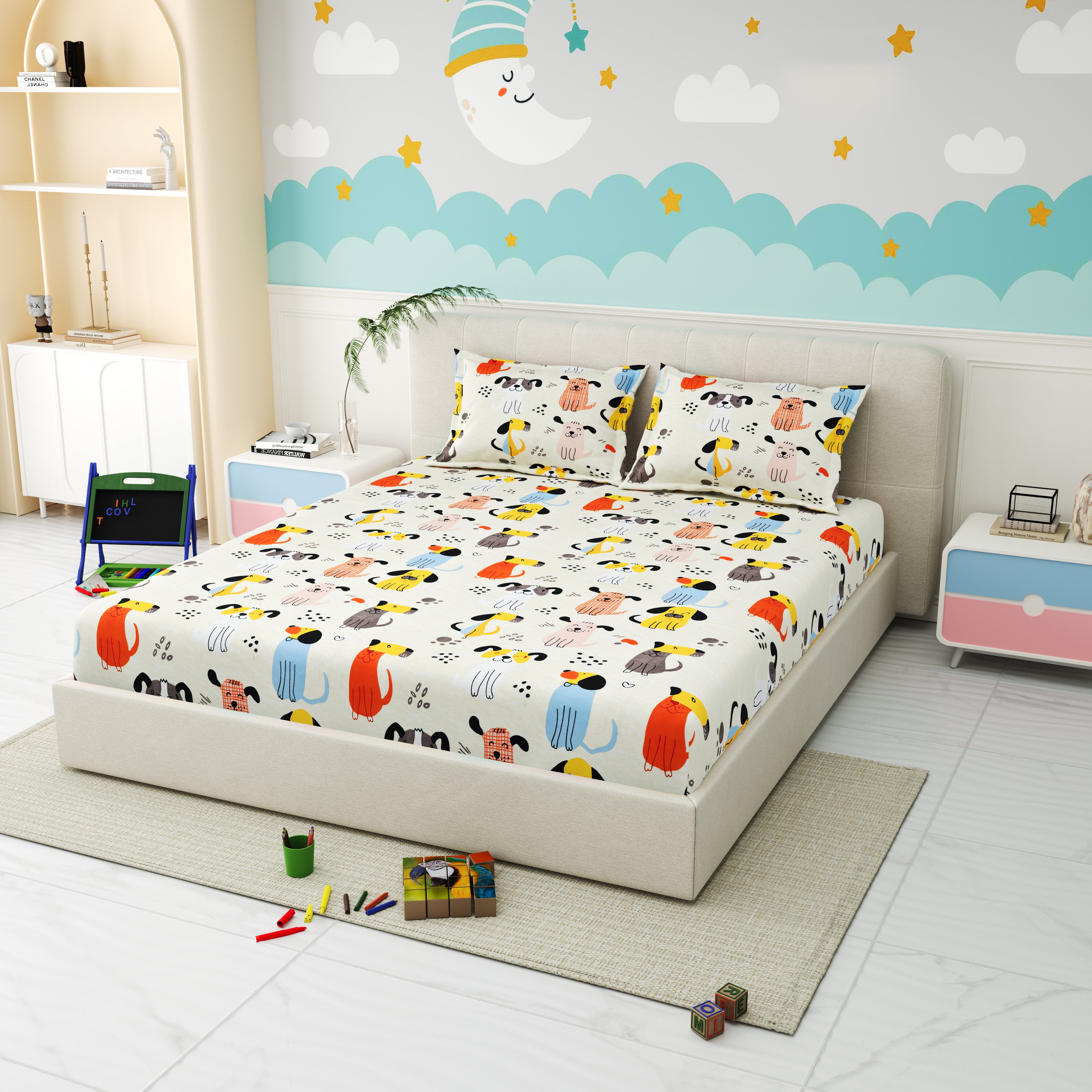 Little Joy Queen Fitted Sheet with 2 Pillow Covers 130 GSM Micropeach Cute Puppies White