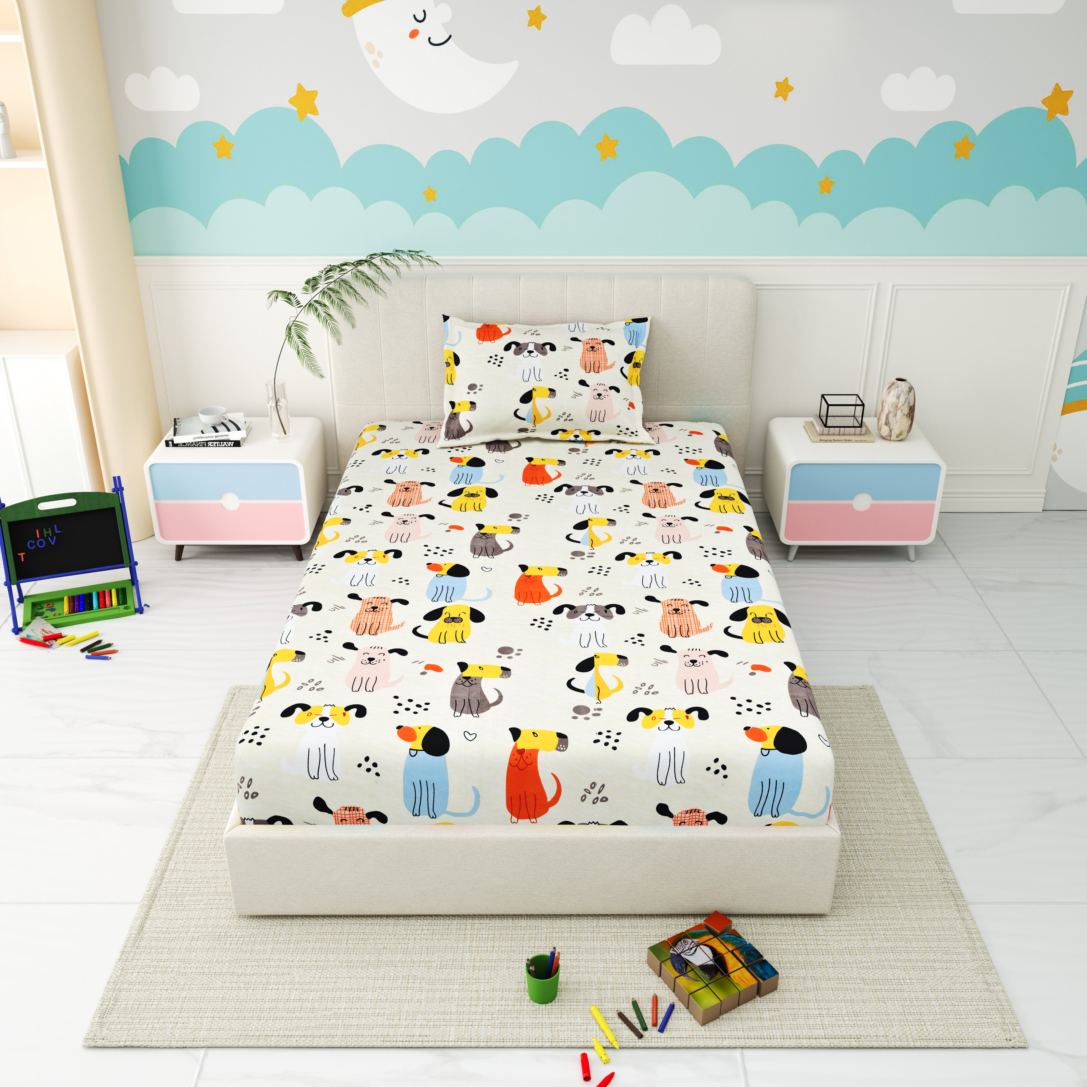 Little Joy Singe Fitted Sheet with 1 Pillow Cover 130 GSM Micropeach Cute Puppies White