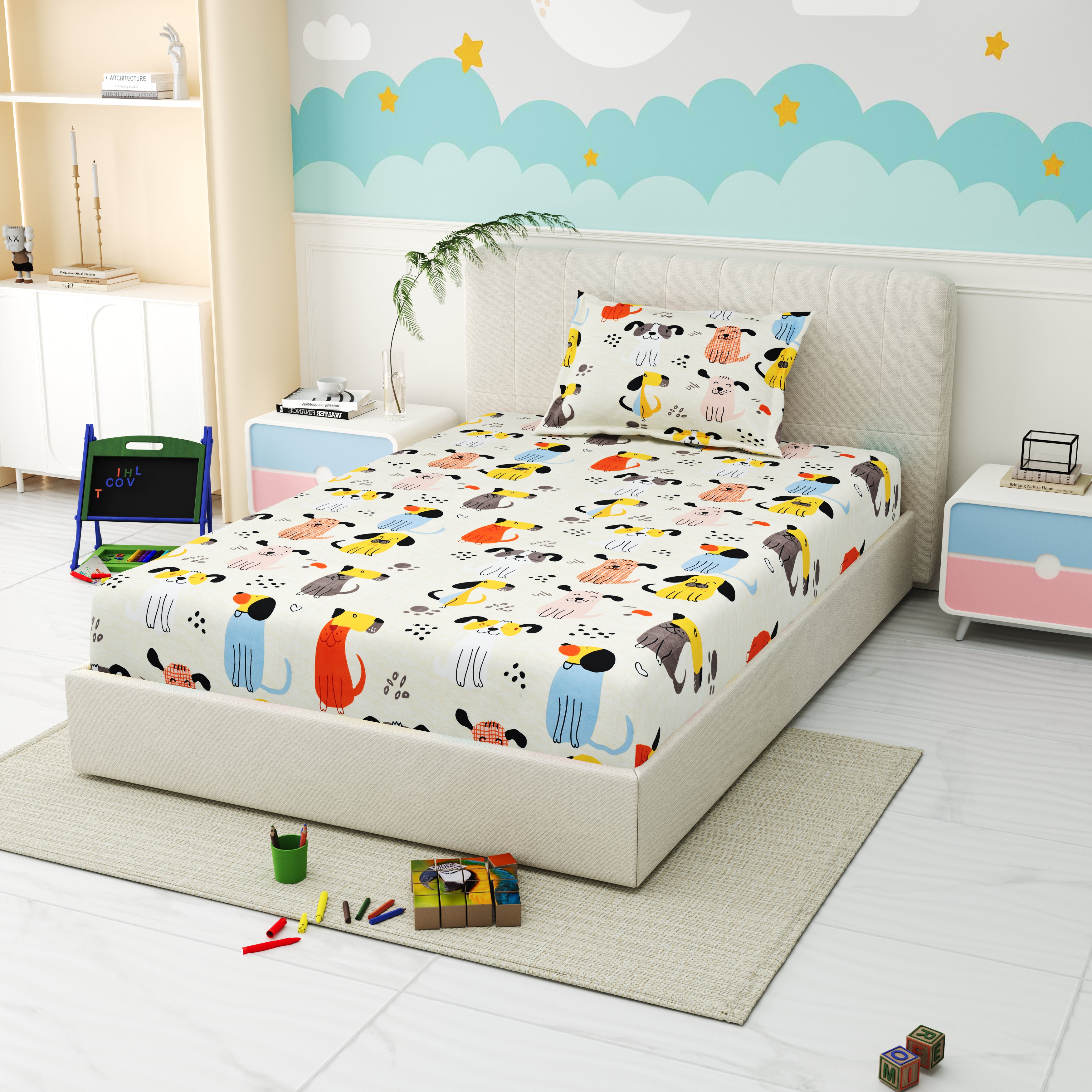 Little Joy Singe Fitted Sheet with 1 Pillow Cover 130 GSM Micropeach Cute Puppies White