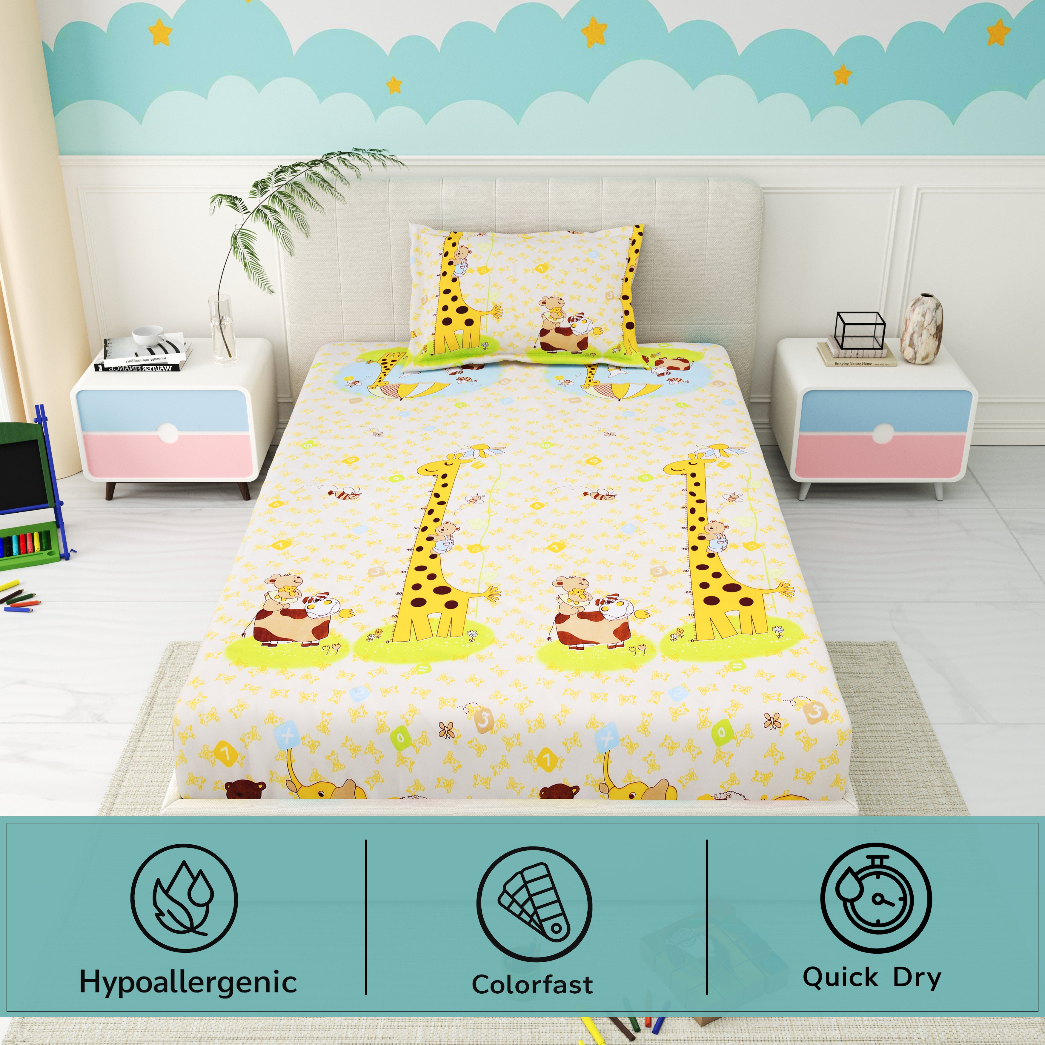 Little Joy Single Bedsheet with 1 Pillow Cover 130 GSM Micropeach Funny Toons Yellow