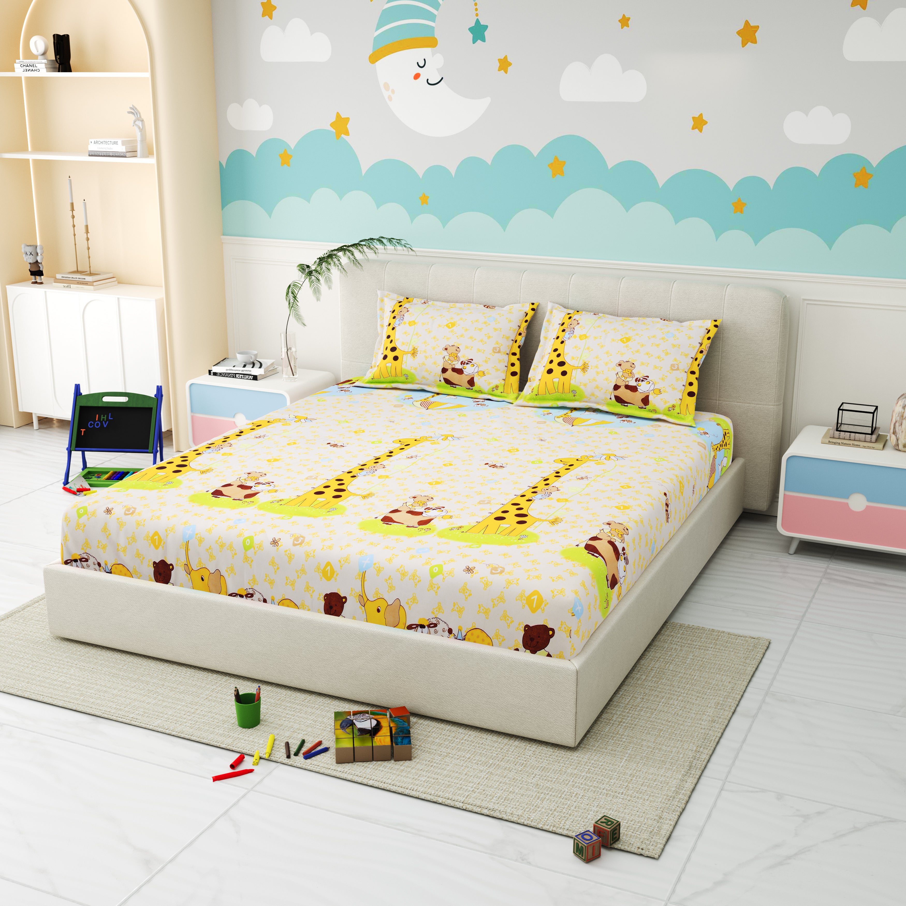 Little Joy Queen Fitted Sheet with 2 Pillow Covers 130 GSM Micropeach Funny Toons Yellow
