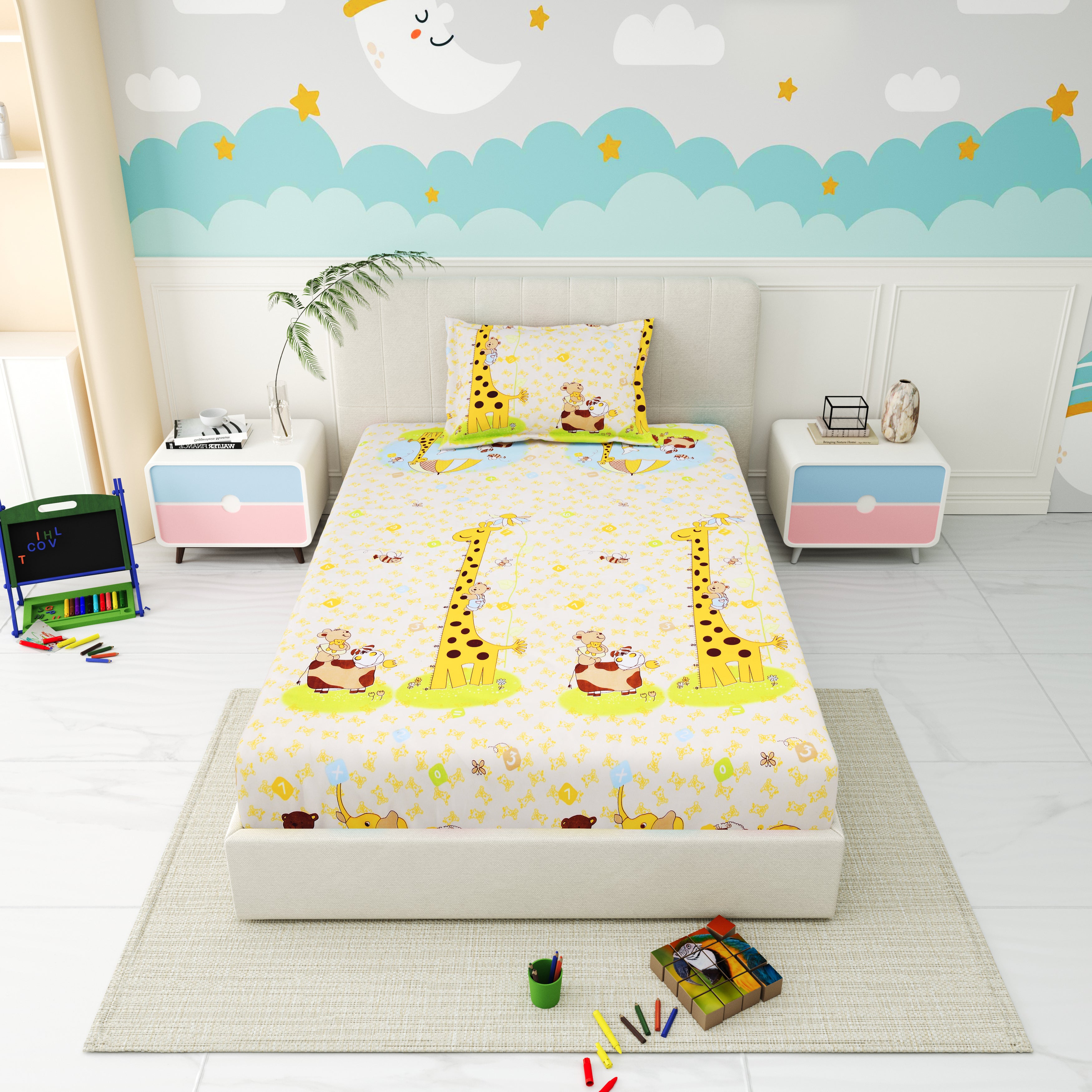 Little Joy Singe Fitted Sheet with 1 Pillow Cover 130 GSM Micropeach Funny Toons Yellow