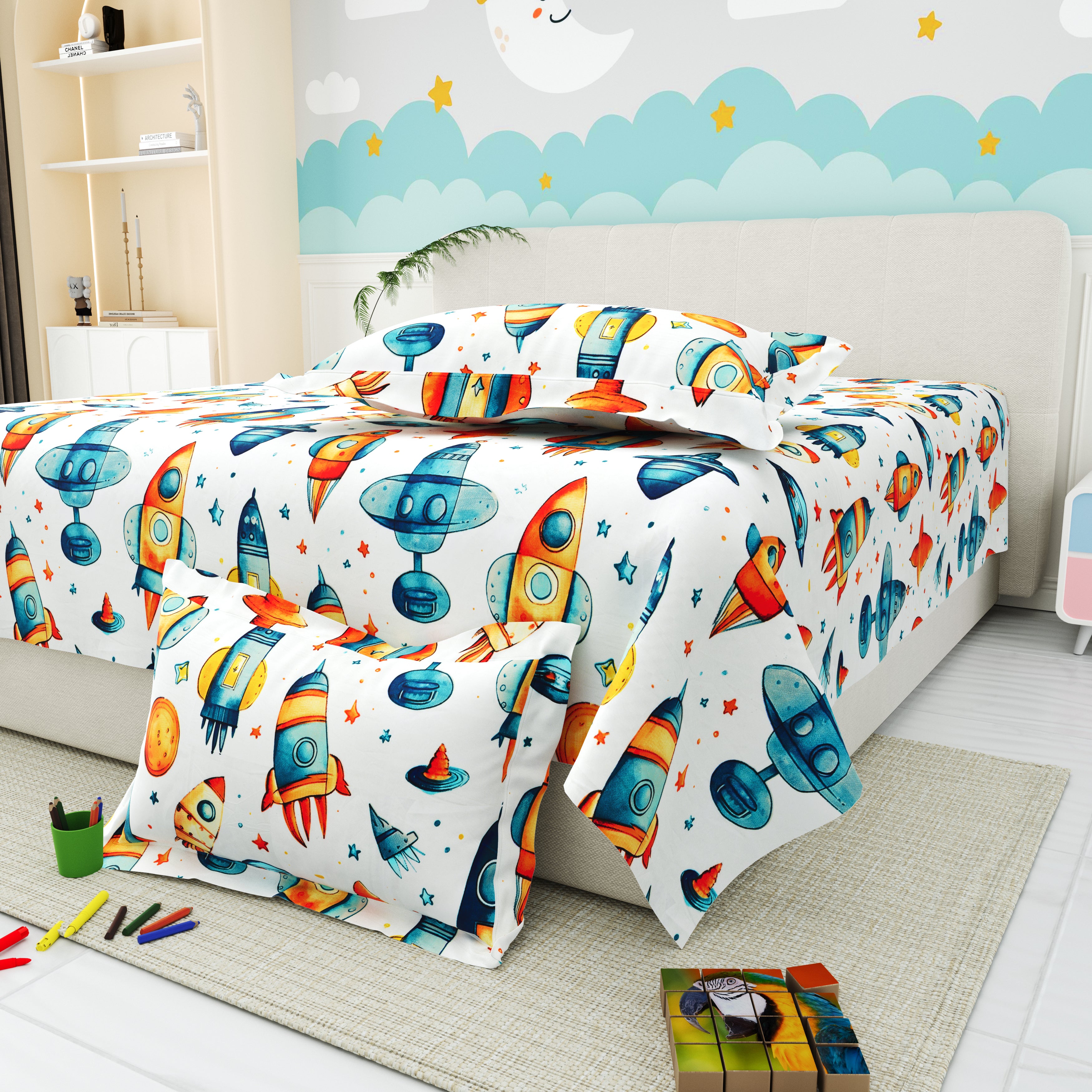 Little Joy Queen Bedsheet with 2 Pillow Covers 130 GSM Micropeach Space Craft White