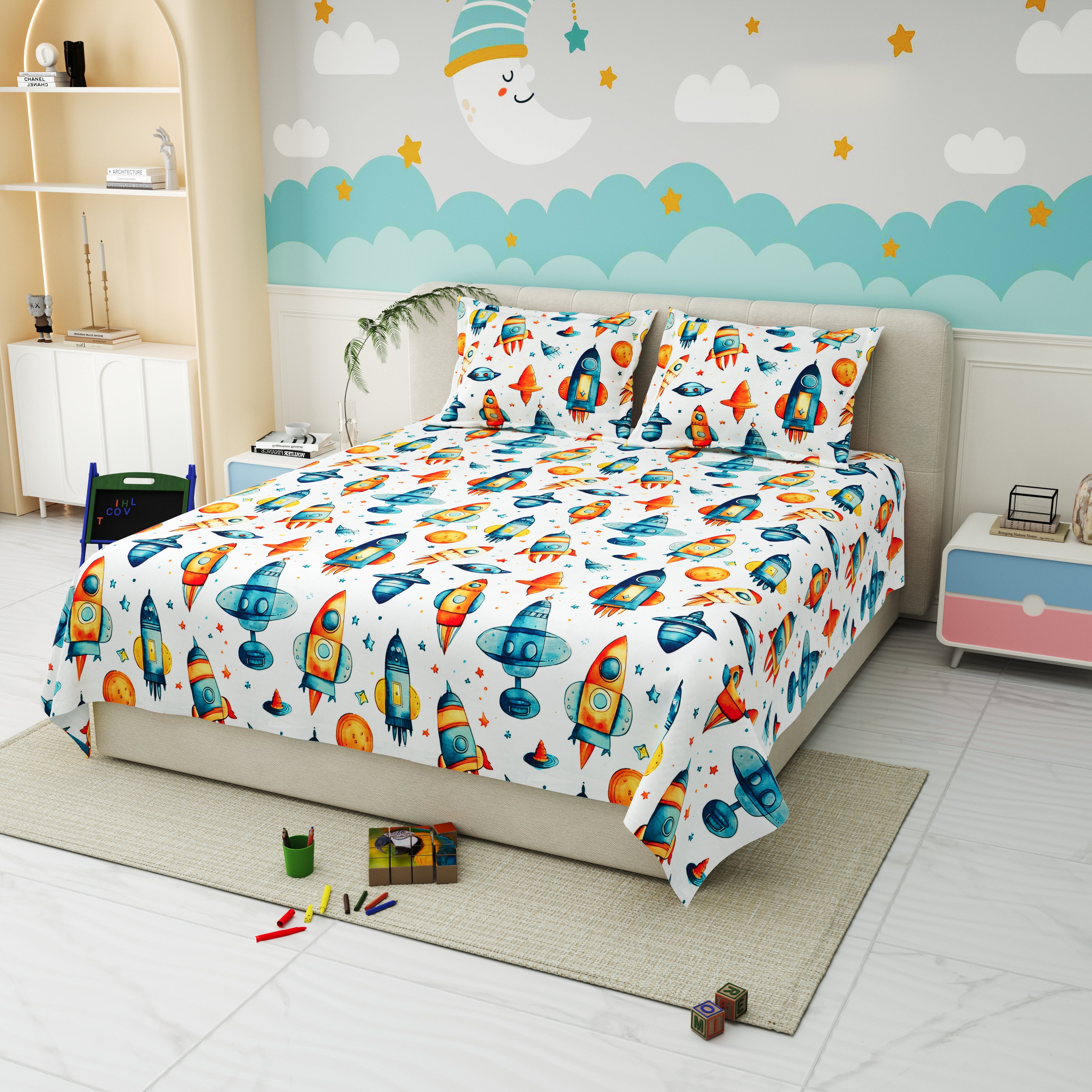 Little Joy Queen Bedsheet with 2 Pillow Covers 130 GSM Micropeach Space Craft White