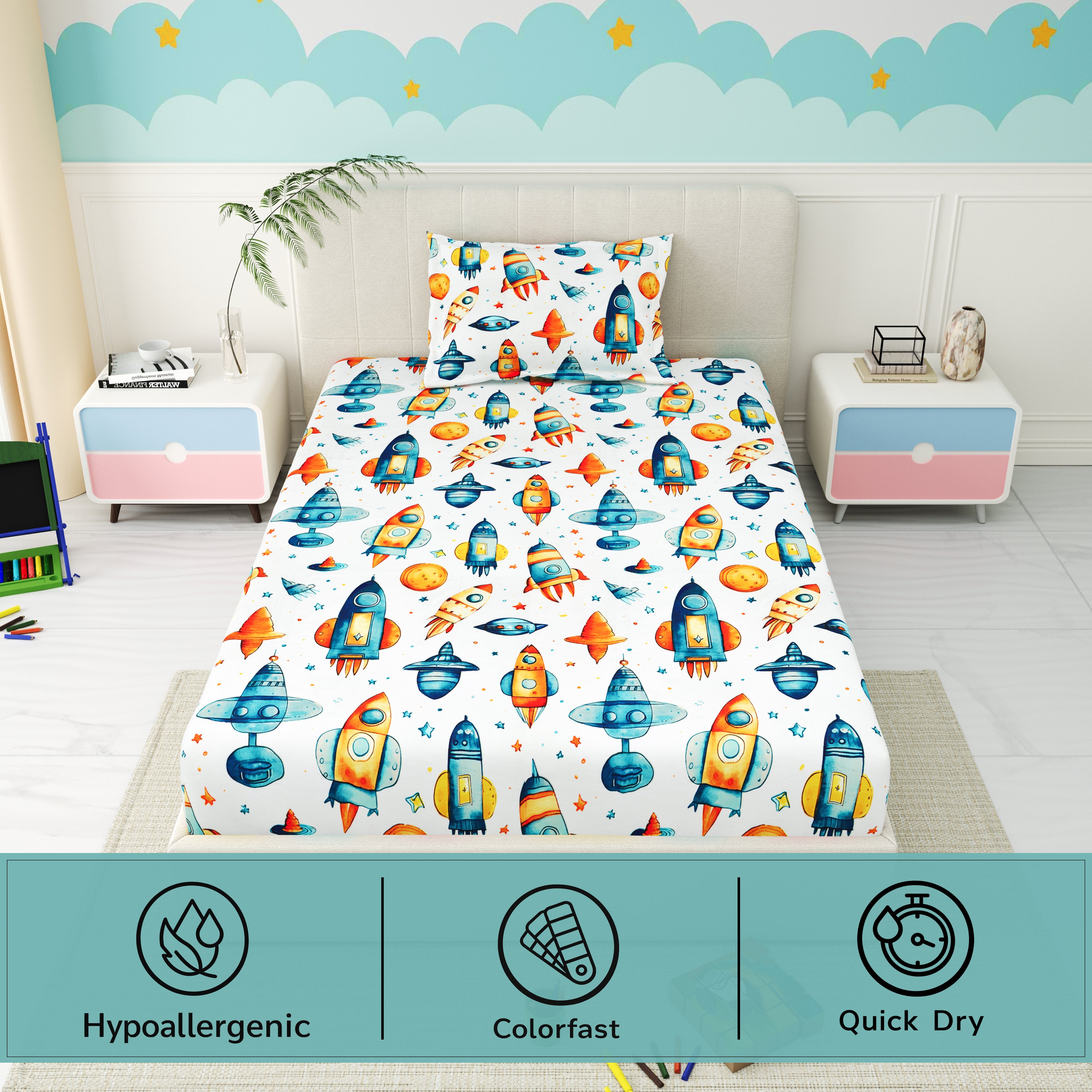 Little Joy Single Bedsheet with 1 Pillow Cover 130 GSM Micropeach Space Craft White