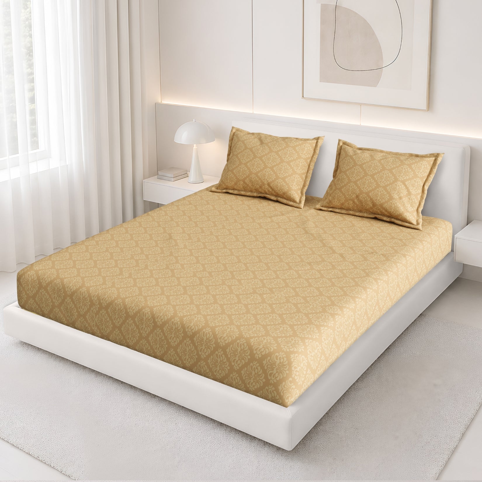 Jasmine Queen Fitted Sheet with 2 Pillow Covers 115 GSM Micropeach Embossed Jaquard Camel
