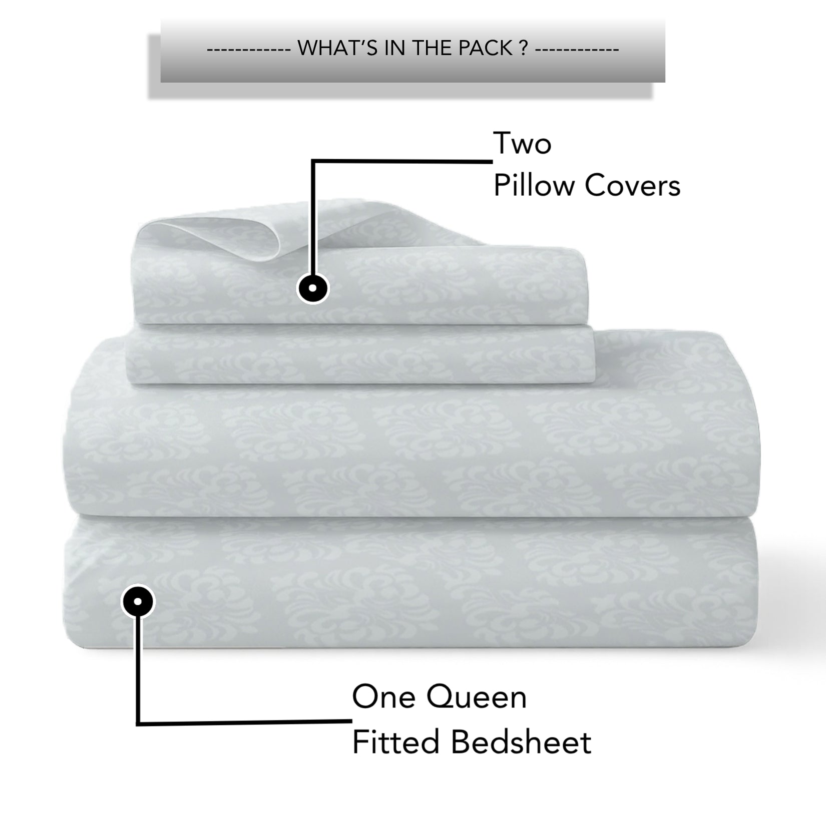 Jasmine Queen Fitted Sheet with 2 Pillow Covers 115 GSM Micropeach Embossed Jaquard Grey