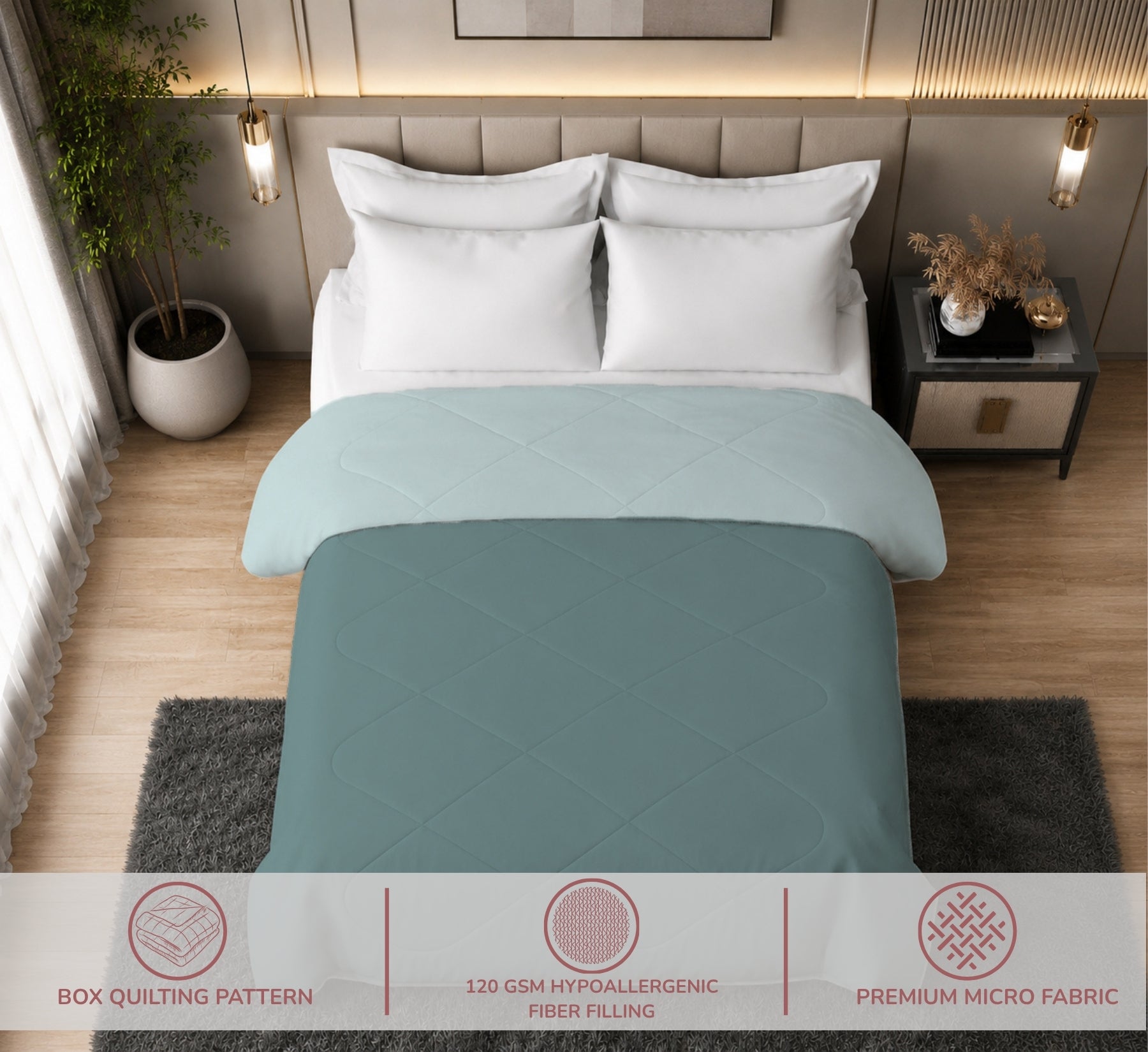 Jasmine Double Comforter 90 GSM Fabric with 120 GSM Filling Reversible Sky / Denim