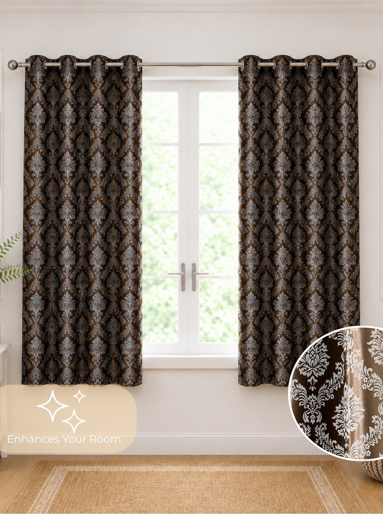 Daisy Window Curtains (Set of 2) 60% Light Filtering Poly Knitted 200 GSM Damask Brown