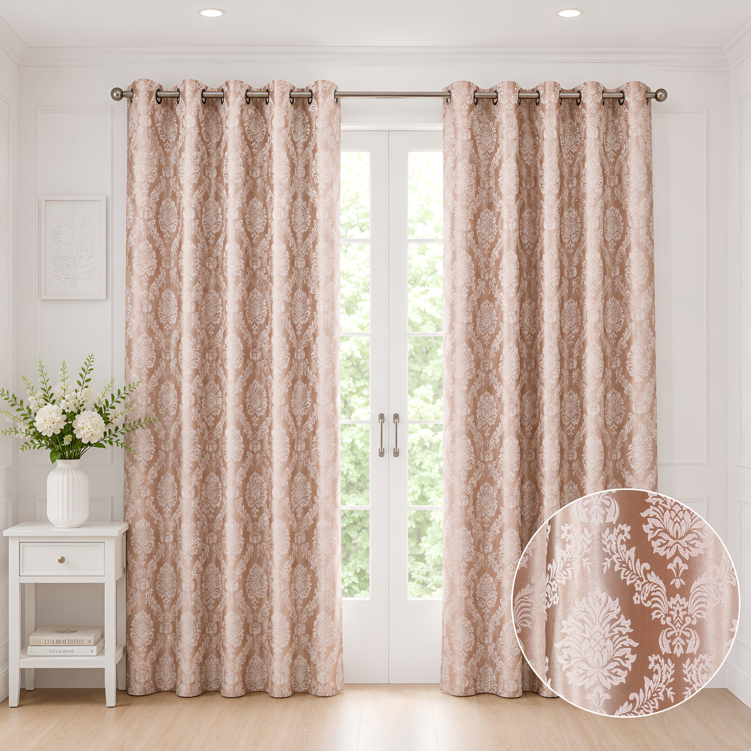 Daisy Door Curtains (Set of 2) 60% Light Filtering Poly Knitted 200 GSM Damask Rose Gold