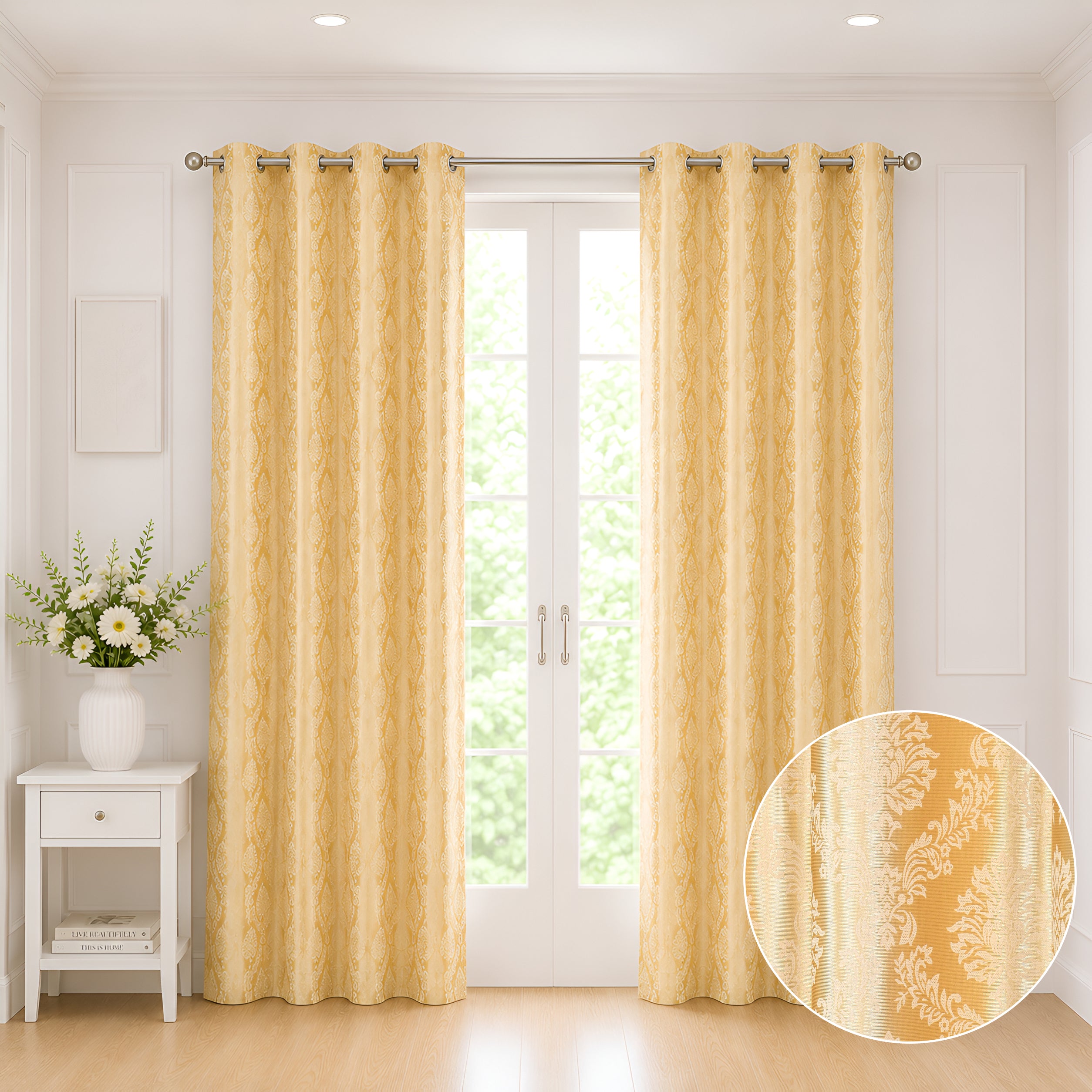 Daisy Door XL Curtains (Set of 2) 60% Light Filtering Poly Knitted 200 GSM Damask Gold