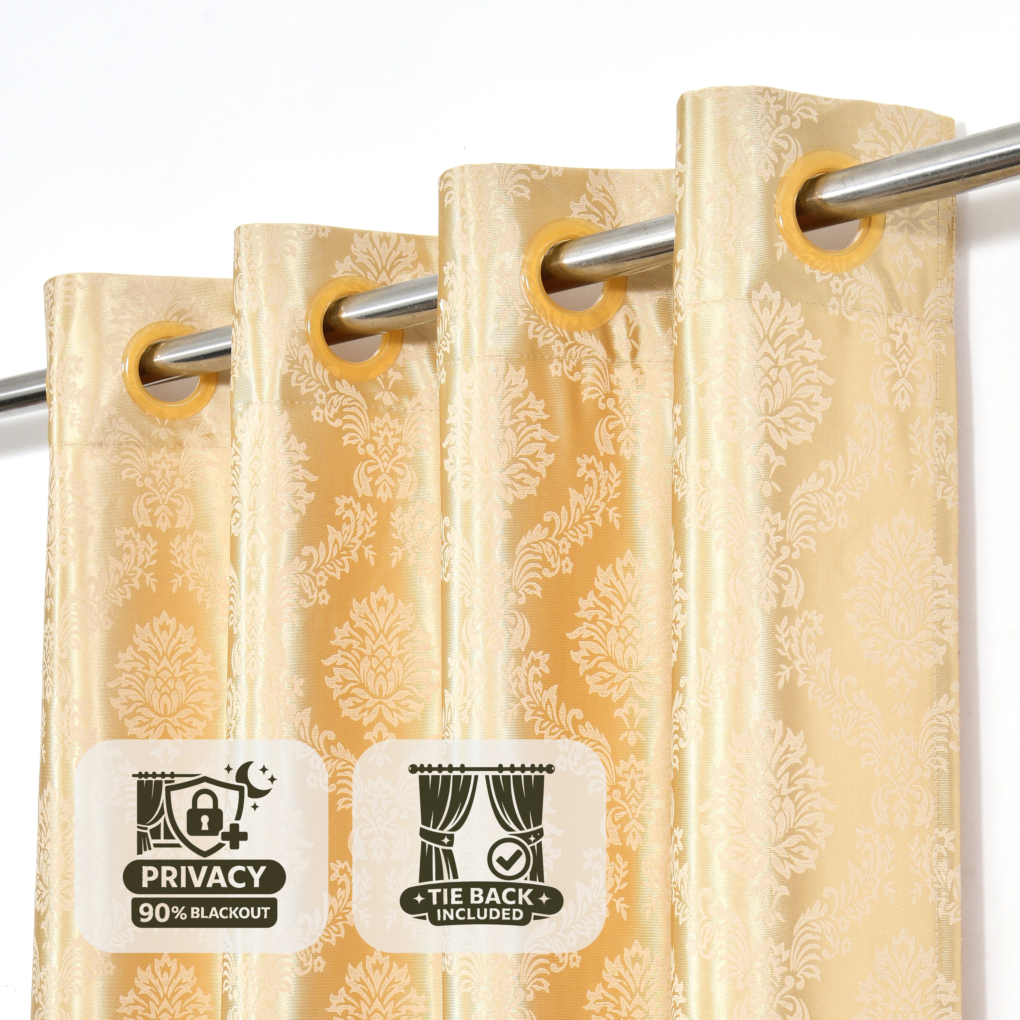 Daisy Door XL Curtains (Set of 2) 60% Light Filtering Poly Knitted 200 GSM Damask Gold