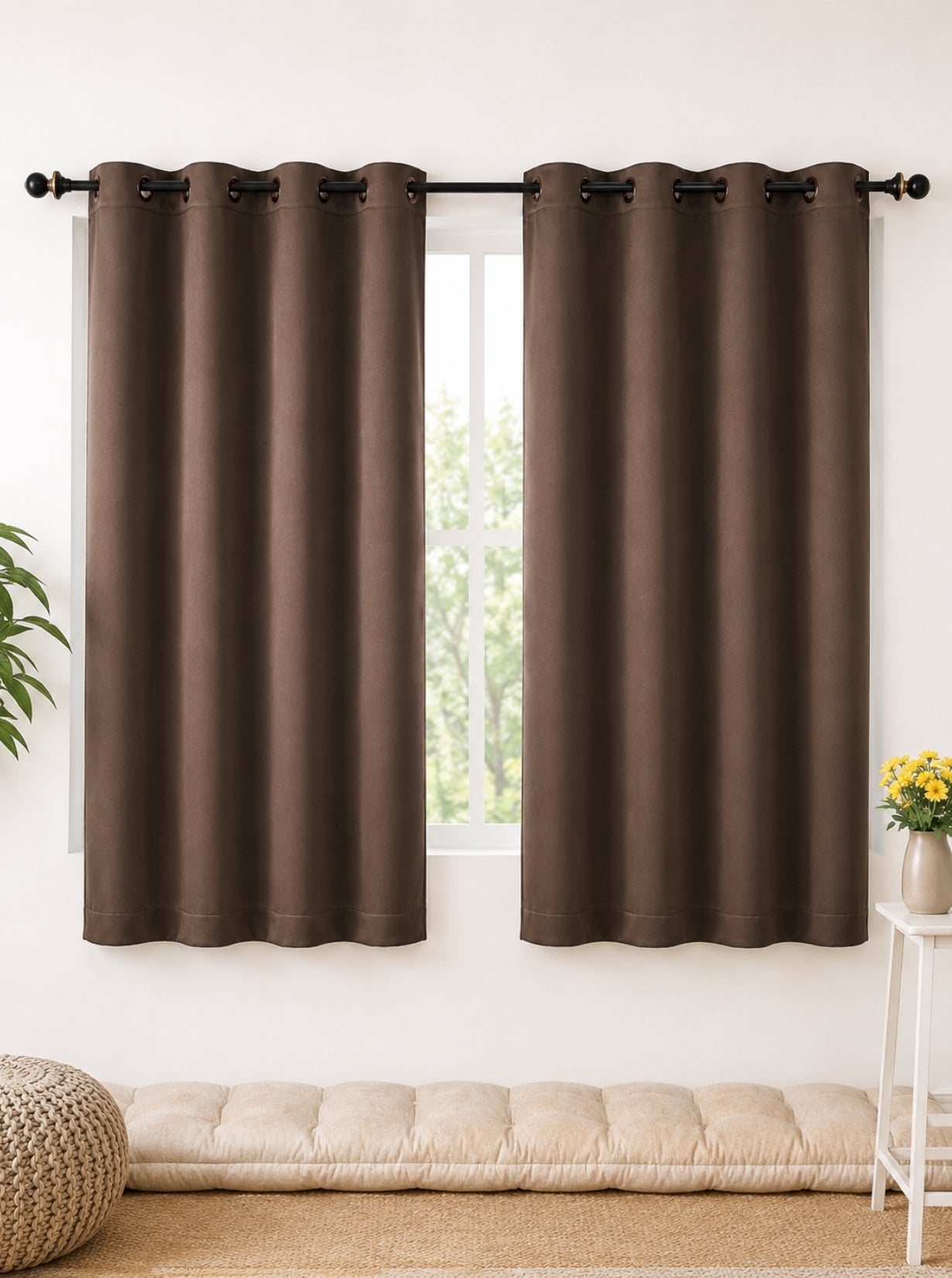 Rose Window Curtains (Set of 2) 90% Blackout 280 GSM Solid Brown