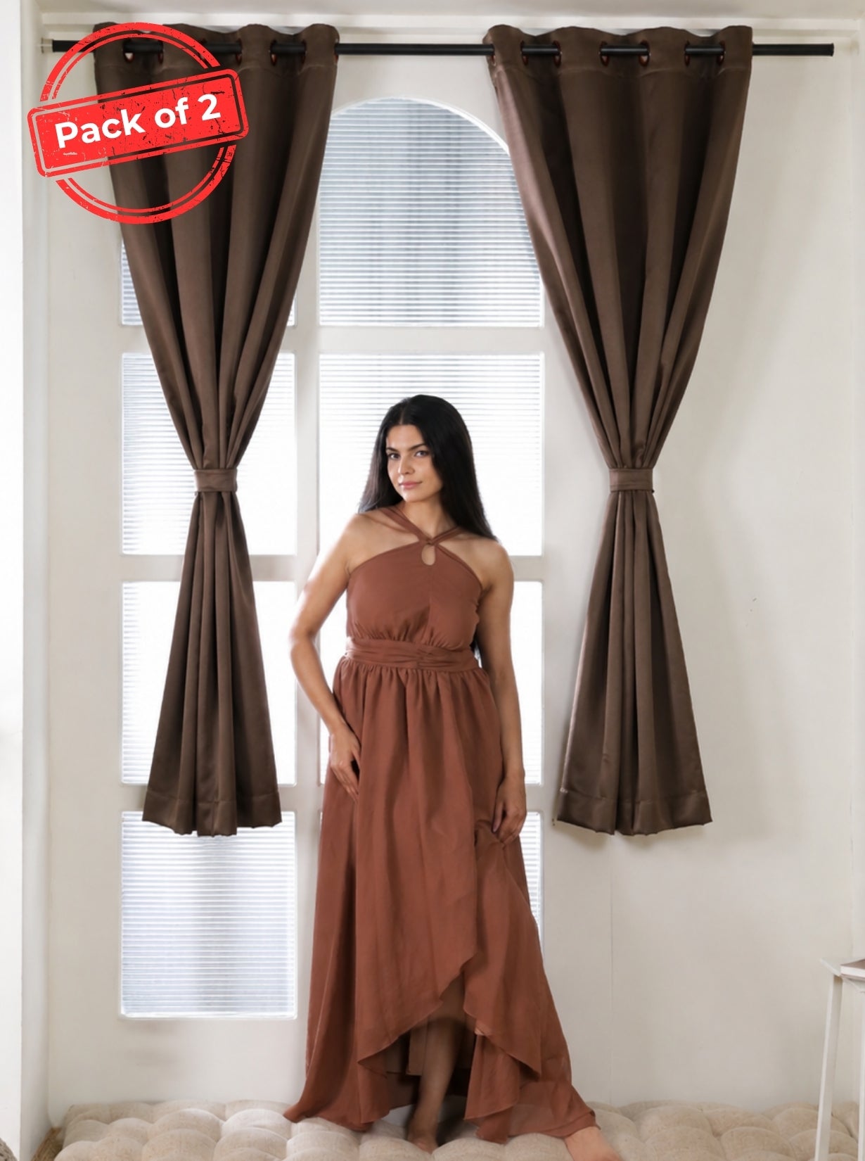 Rose Window Curtains (Set of 2) 90% Blackout 280 GSM Solid Brown
