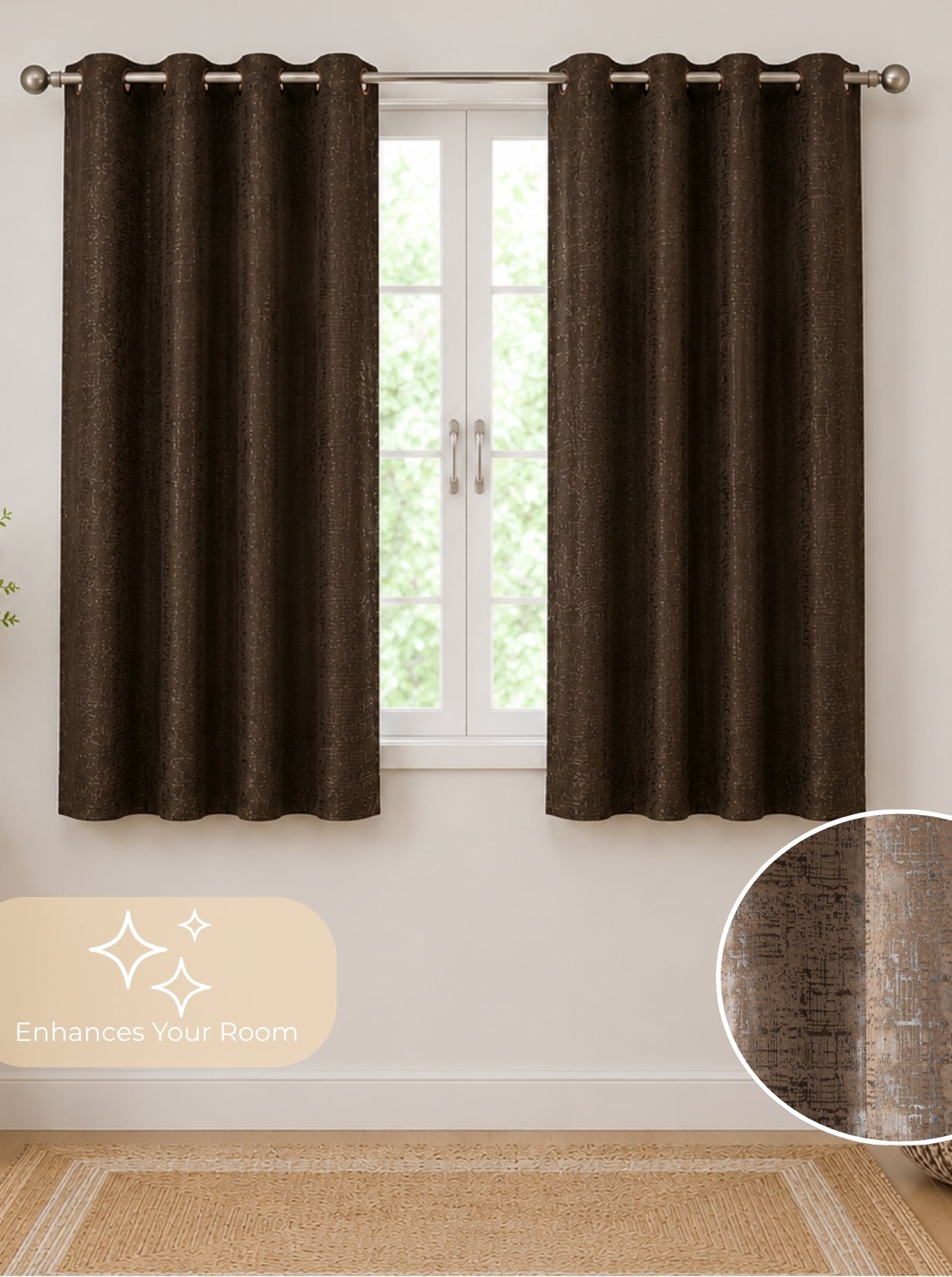 Lily Window Curtains (Set of 2) 90% Blackout 280 GSM Embossed Textured Brown