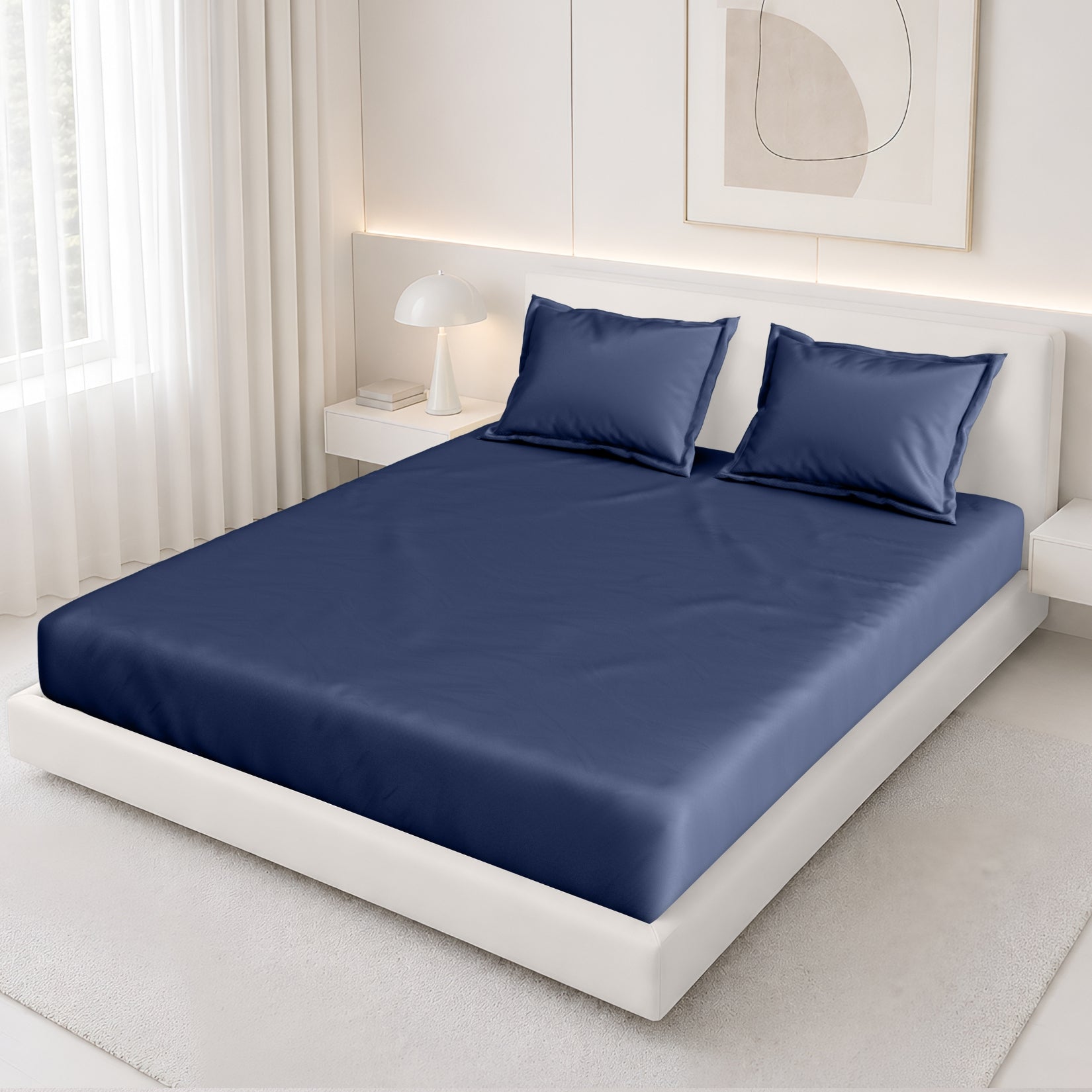 Tulip Queen Fitted Sheet with 2 Pillow Covers 125 GSM Micropeach Super Sateen Navy