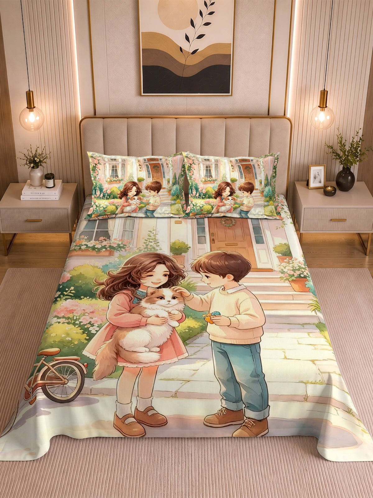 Homeful Style Canvas Stories Pictorial Printed 160 TC Bedsheet with 2 Pillow Covers
