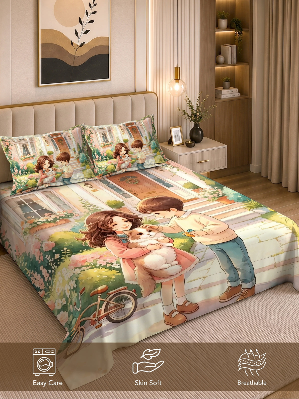 Homeful Style Canvas Stories Pictorial Printed 160 TC Bedsheet with 2 Pillow Covers