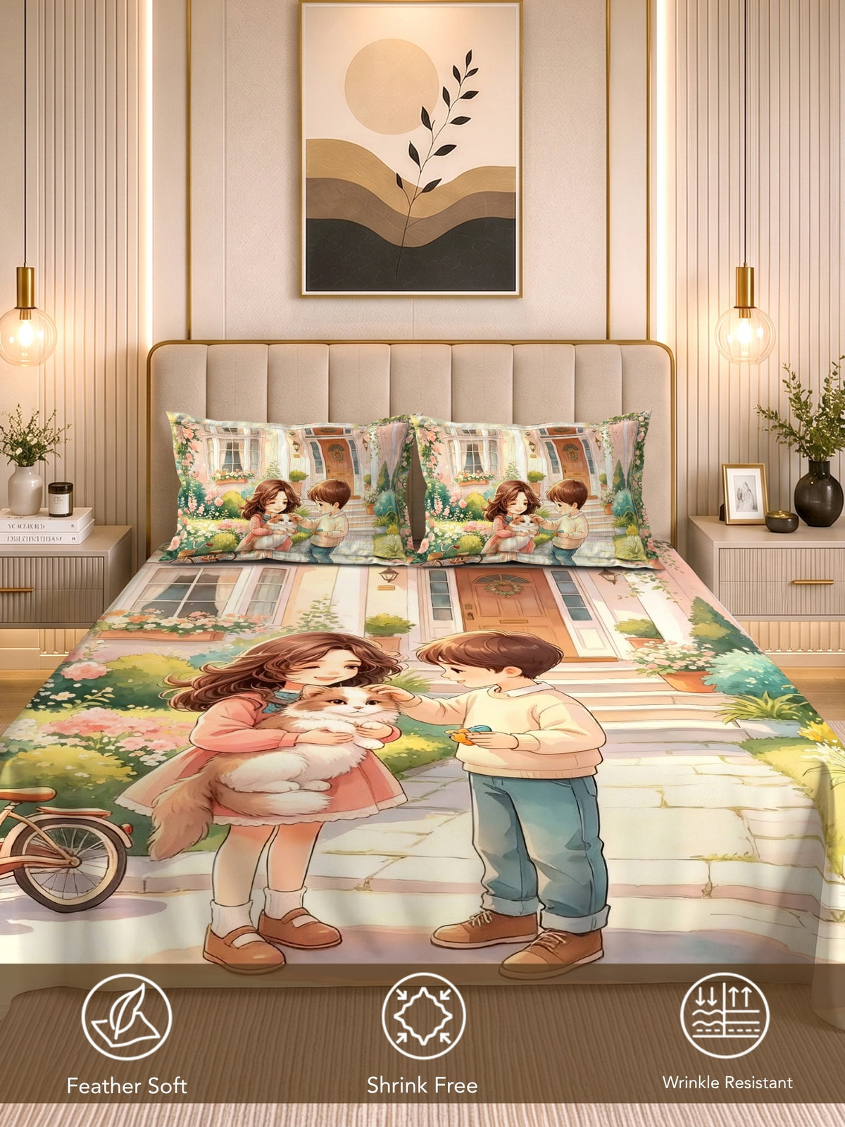 Homeful Style Canvas Stories Pictorial Printed 160 TC Bedsheet with 2 Pillow Covers