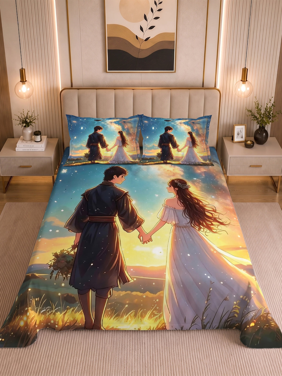 Homeful Style Canvas Stories Pictorial Printed 160 TC Bedsheet with 2 Pillow Covers