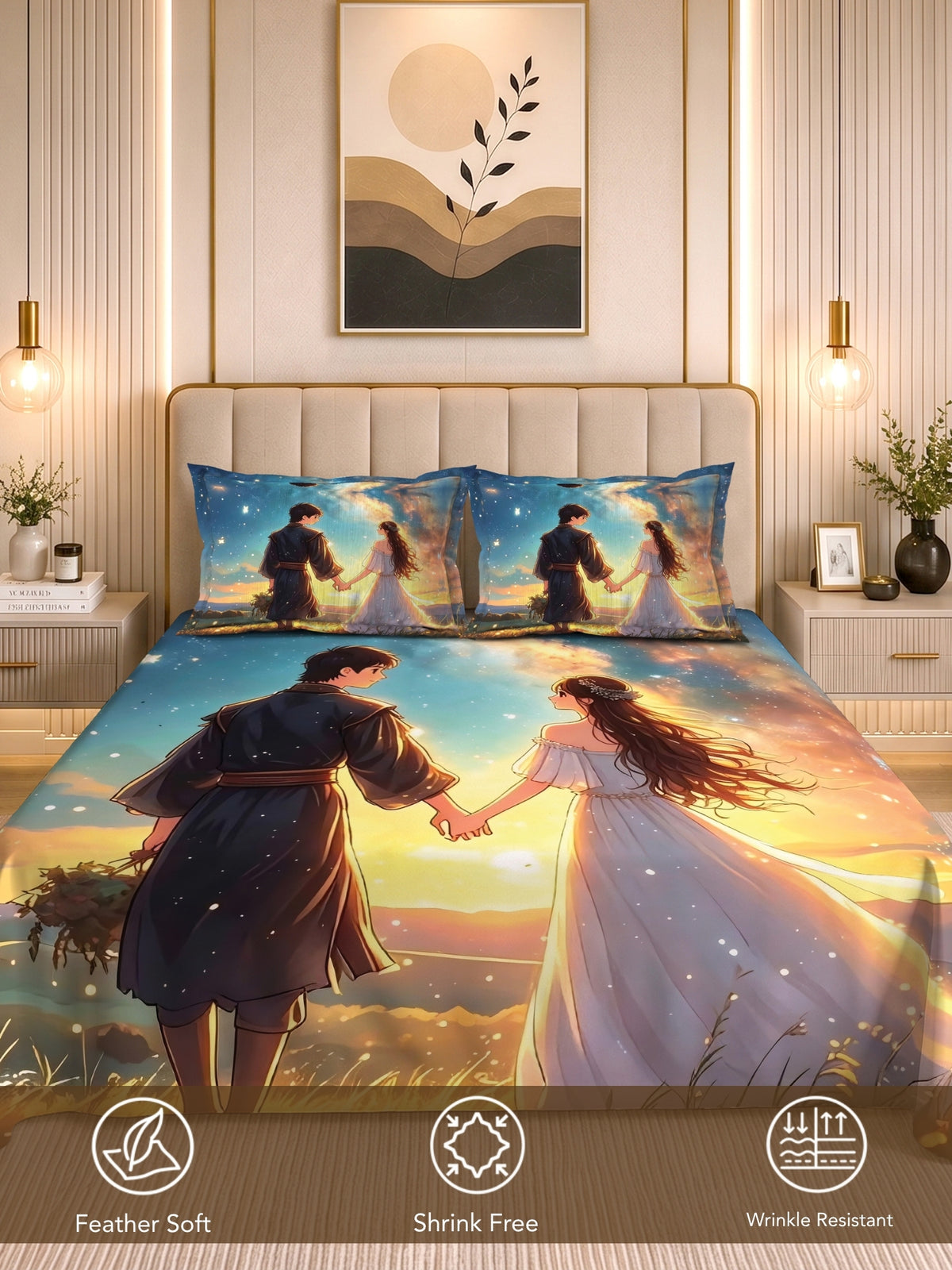 Homeful Style Canvas Stories Pictorial Printed 160 TC Bedsheet with 2 Pillow Covers