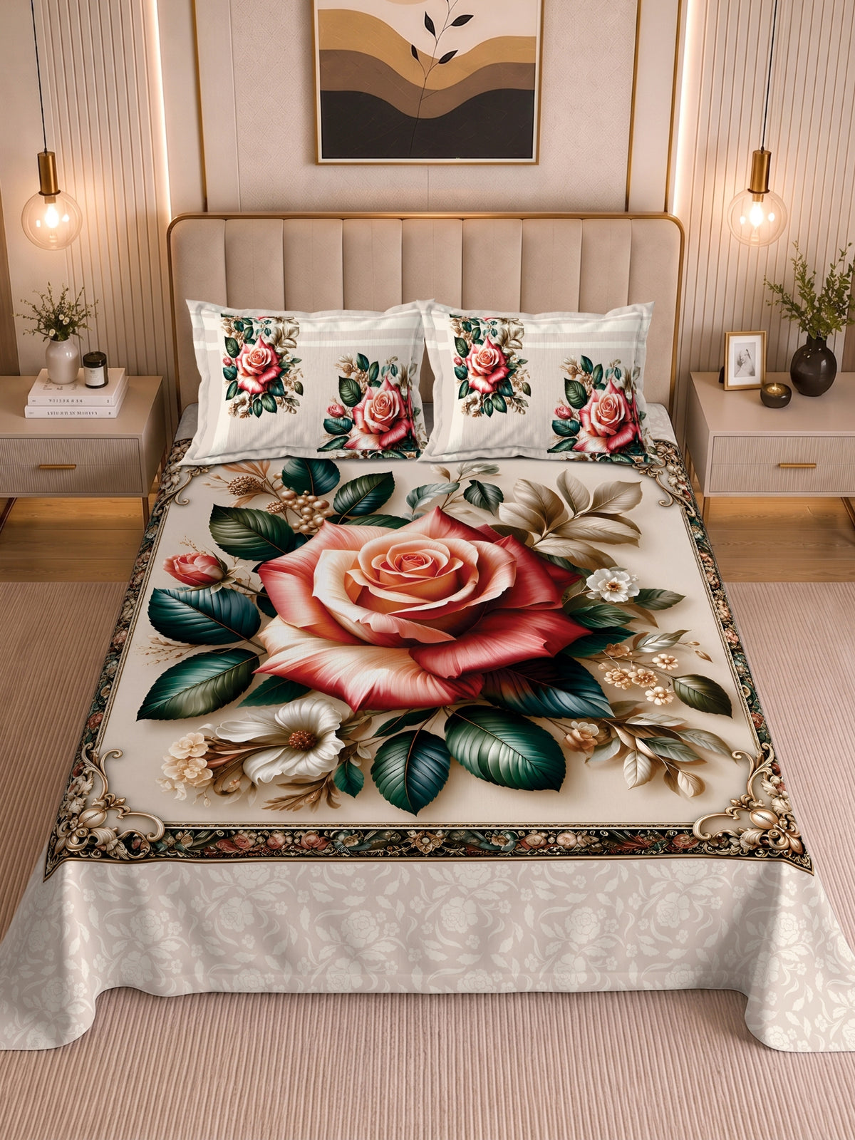 Homeful Style Living Canvas Floral Print 160 TC Bedsheet with 2 Pillow Covers