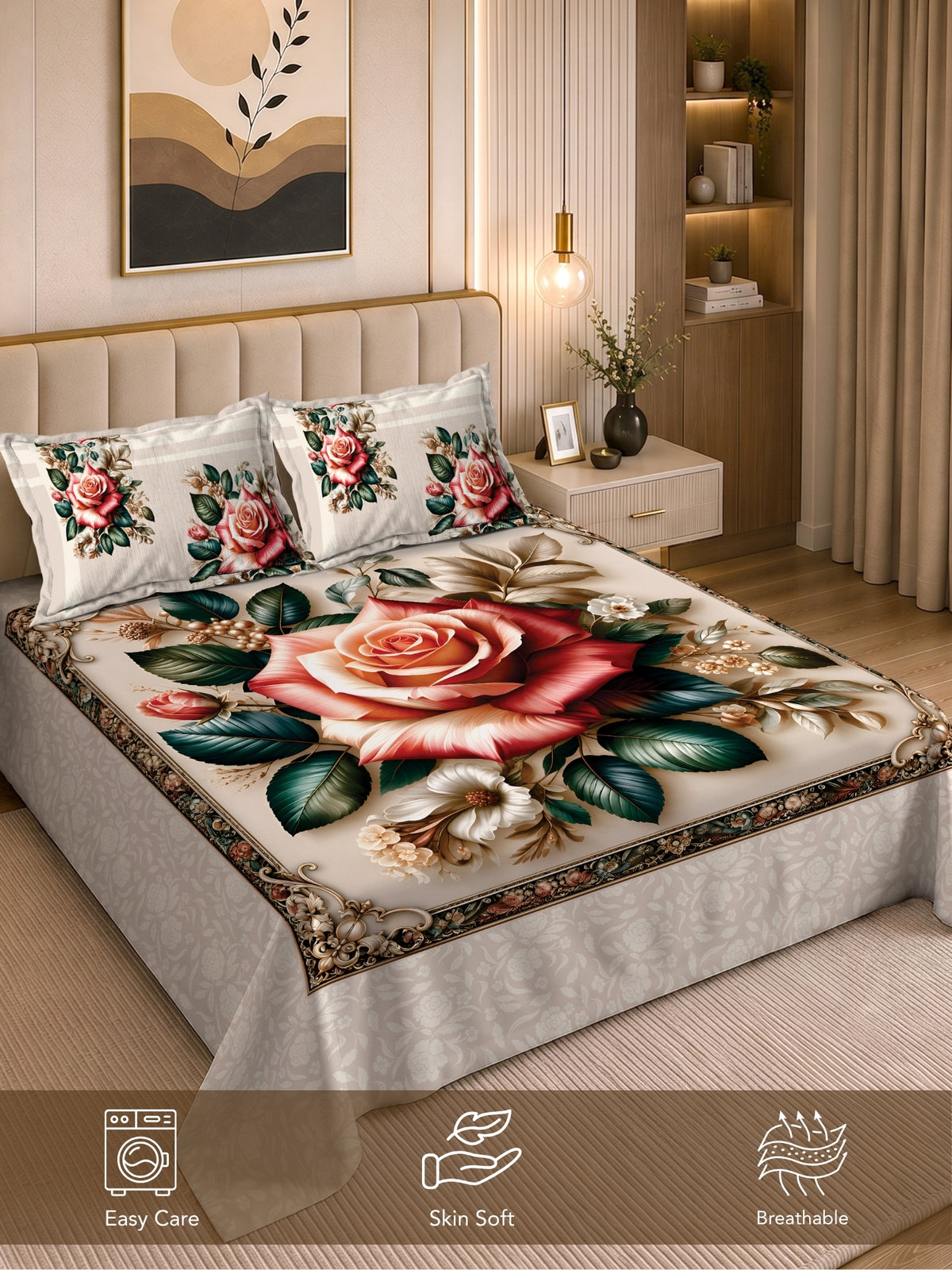 Homeful Style Living Canvas Floral Print 160 TC Bedsheet with 2 Pillow Covers