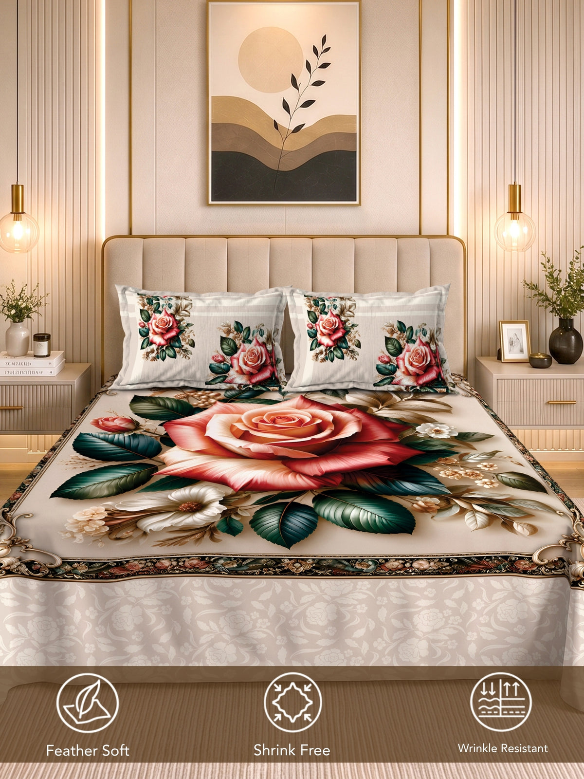 Homeful Style Living Canvas Floral Print 160 TC Bedsheet with 2 Pillow Covers