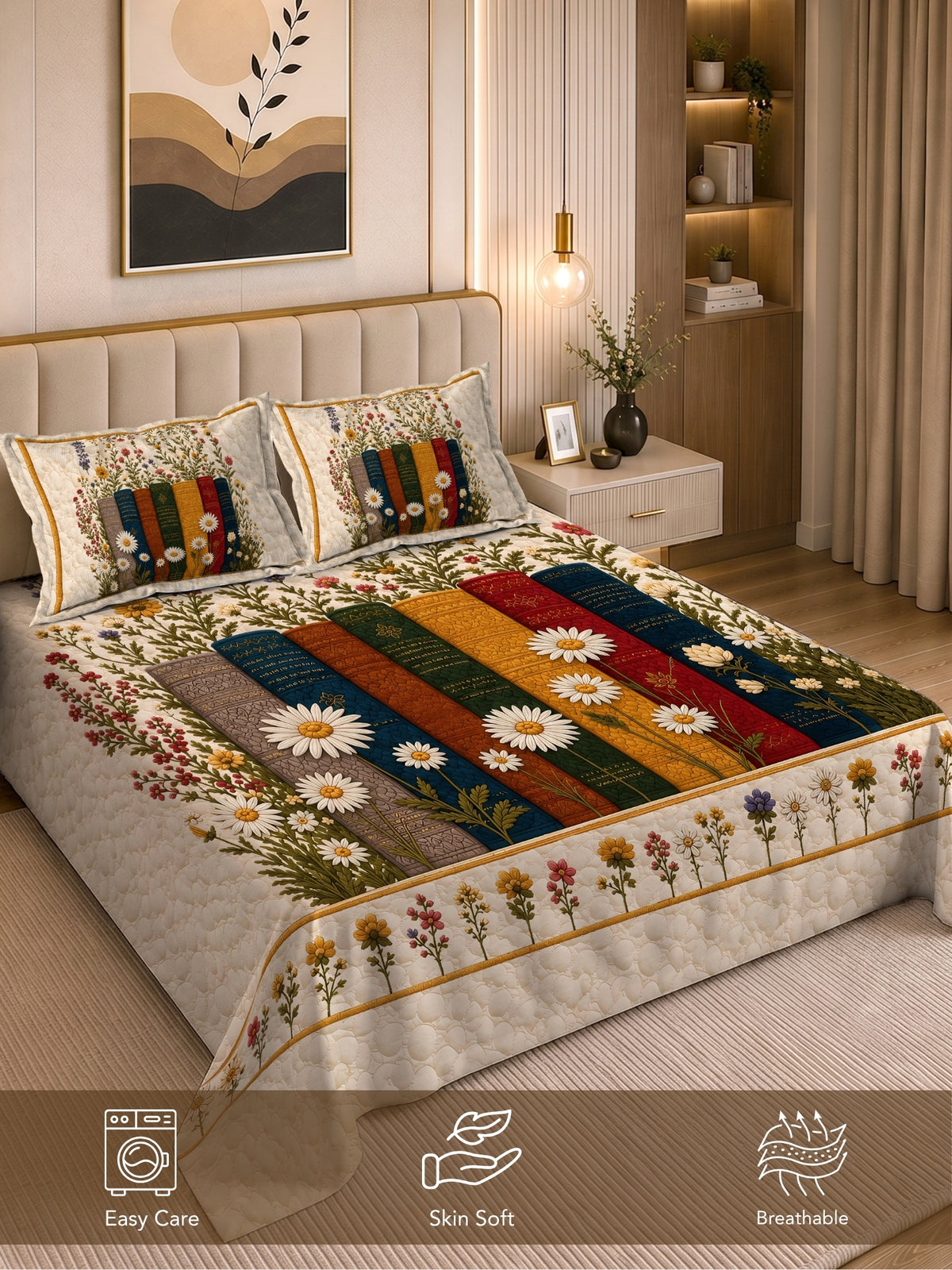Homeful Style Living Canvas Geometric Print 160 TC Bedsheet with 2 Pillow Covers